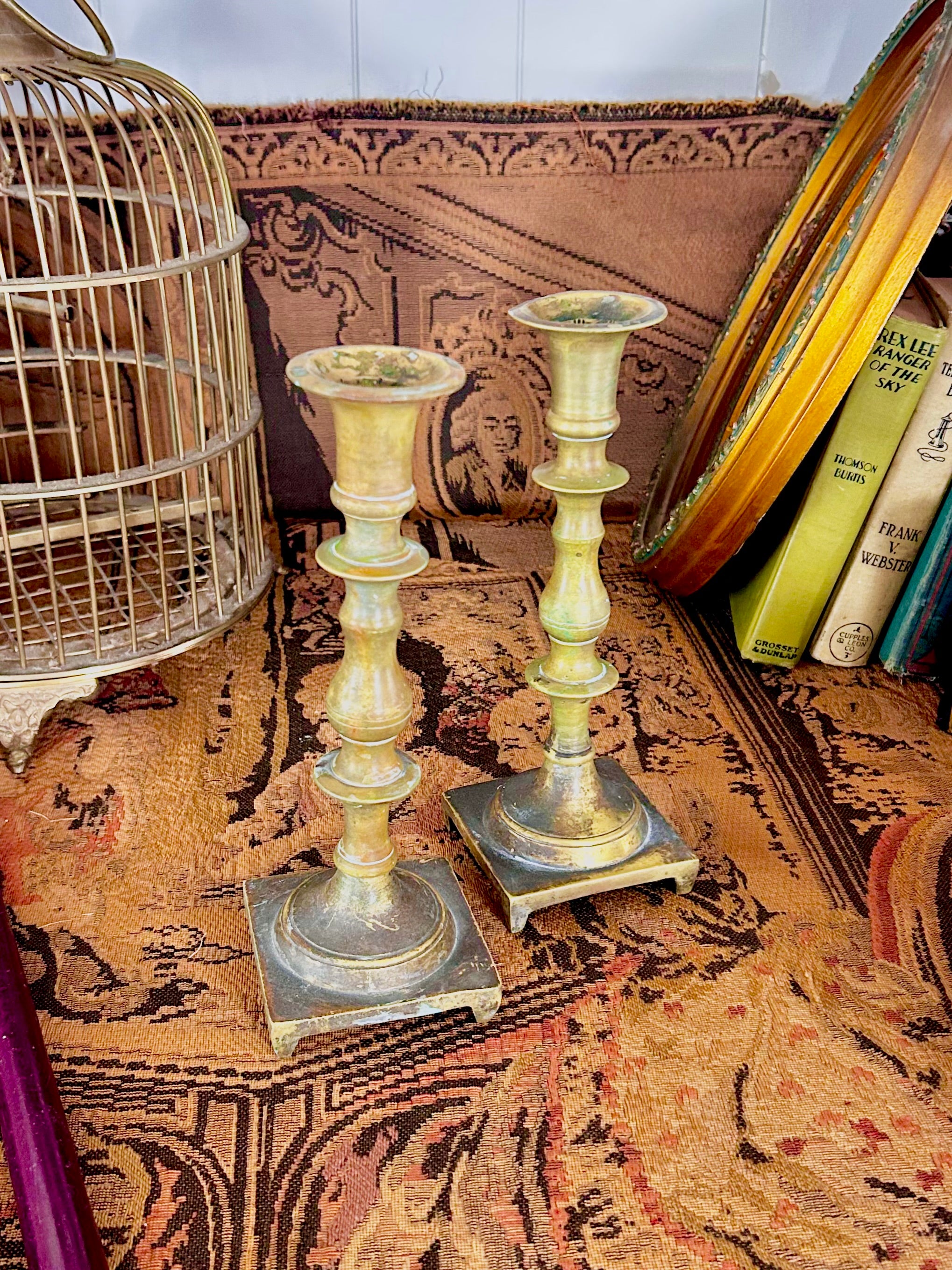 Vintage-Worn Brass Candlestick Holders