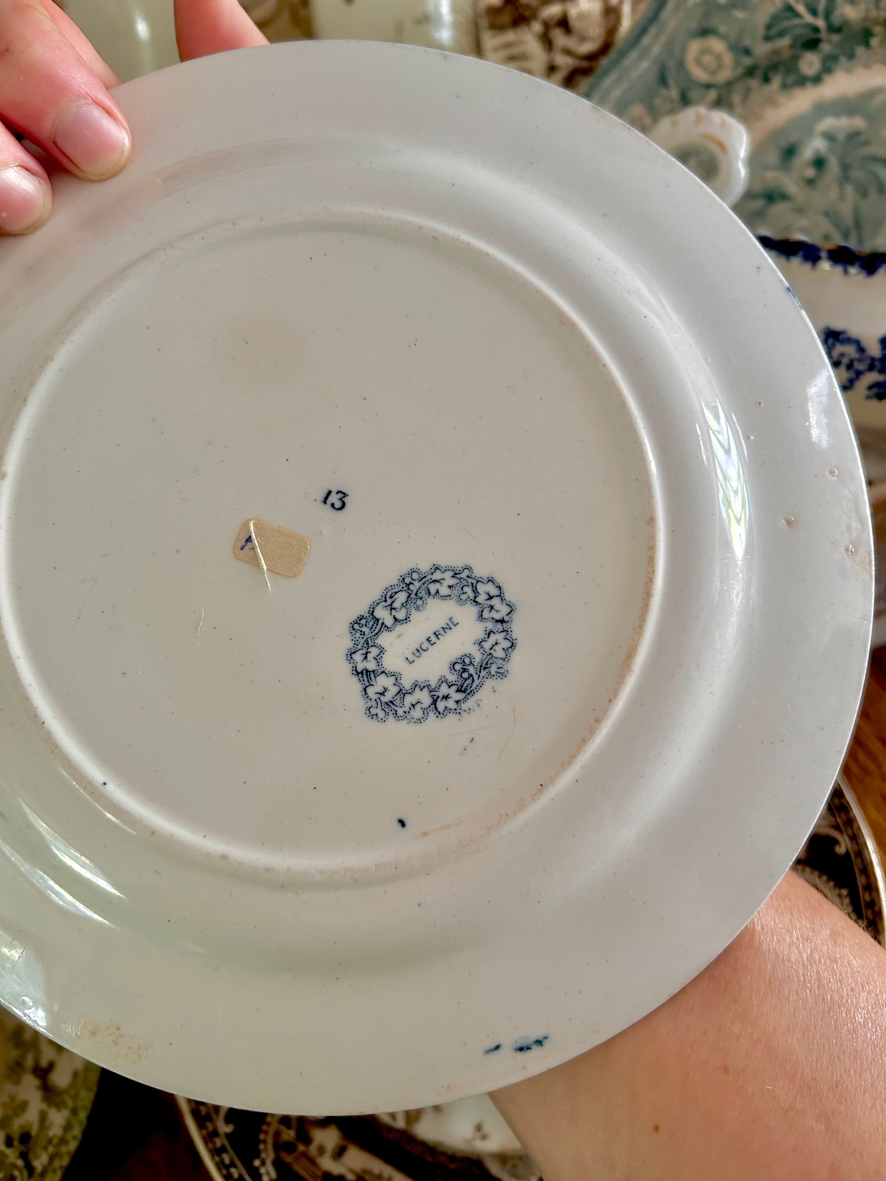 Antique Stained Worn Ironstone Transferware Dishes