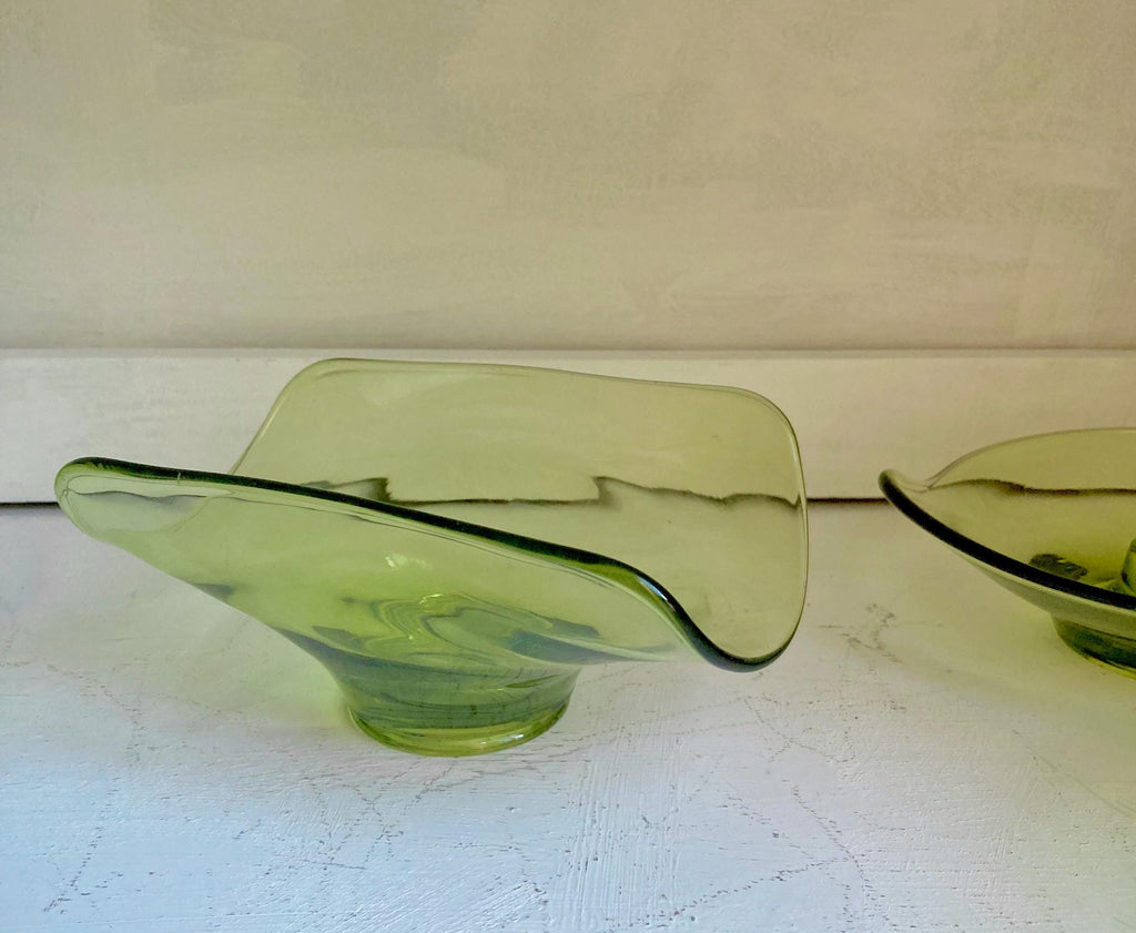 Vintage Viking Green Glass Epic Pattern: CHOOSE from various options, candleholder pair, bowls, dish
