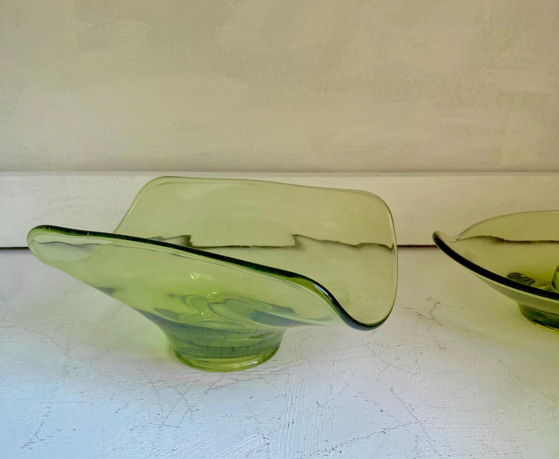 Vintage Viking Green Glass Epic Pattern: CHOOSE from various options, candleholder pair, bowls, dish
