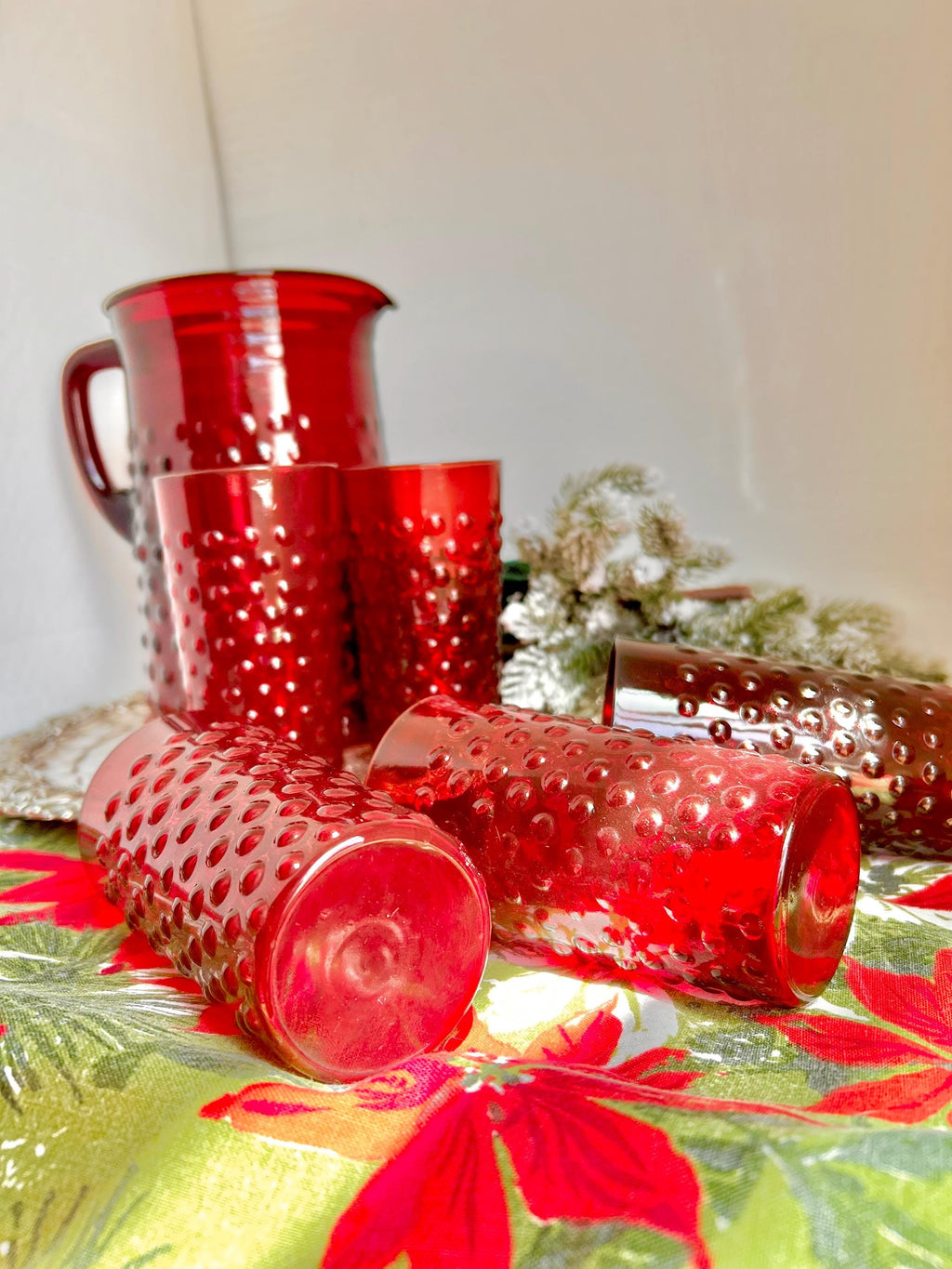 Vintage Anchor Hocking Royal Ruby Red Hobnail Glass Set: Pitcher & 8 Juice Glasses