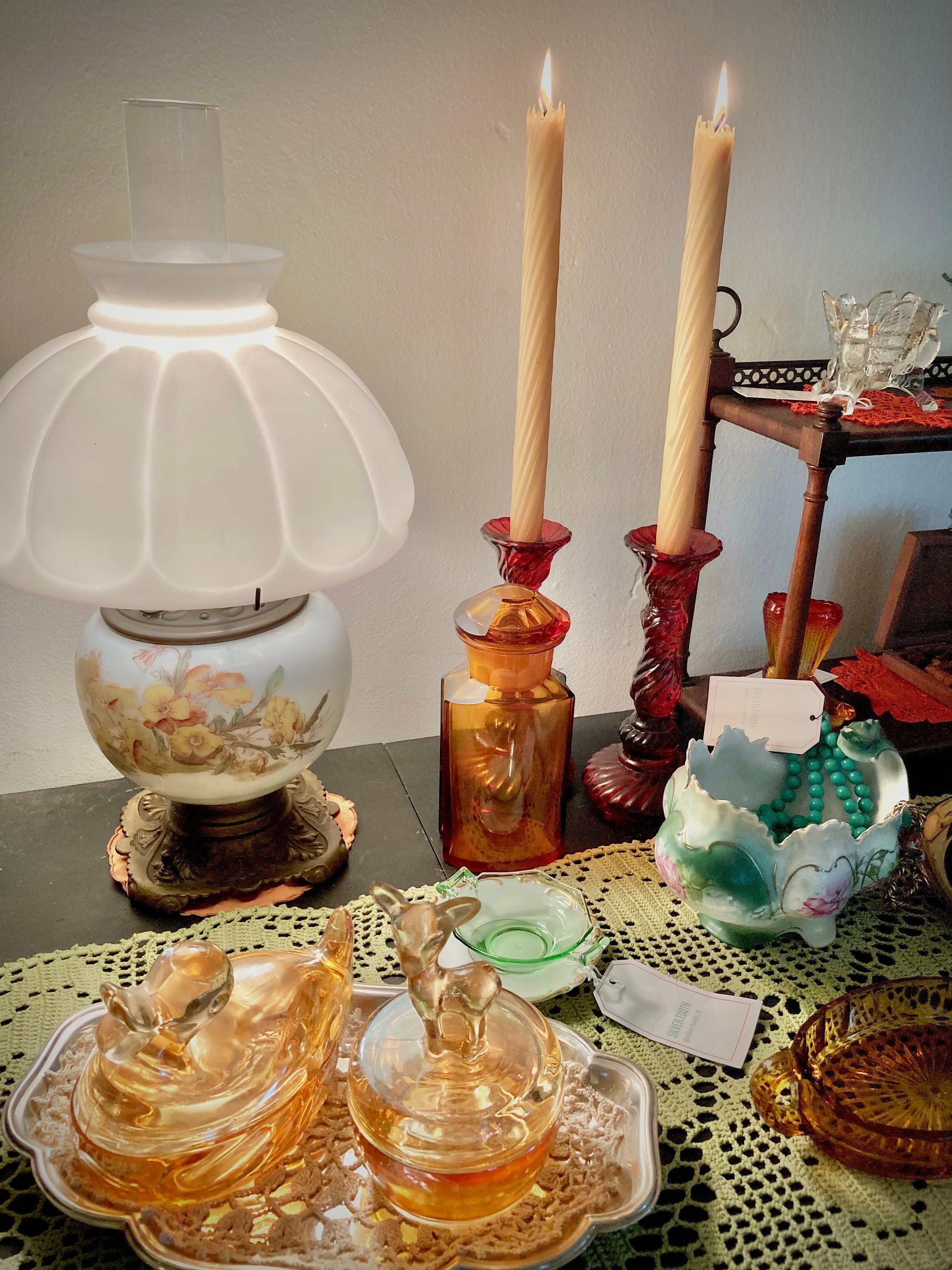 Vintage Floral Milk Glass Lamp - Converted Brass Oil Lamp