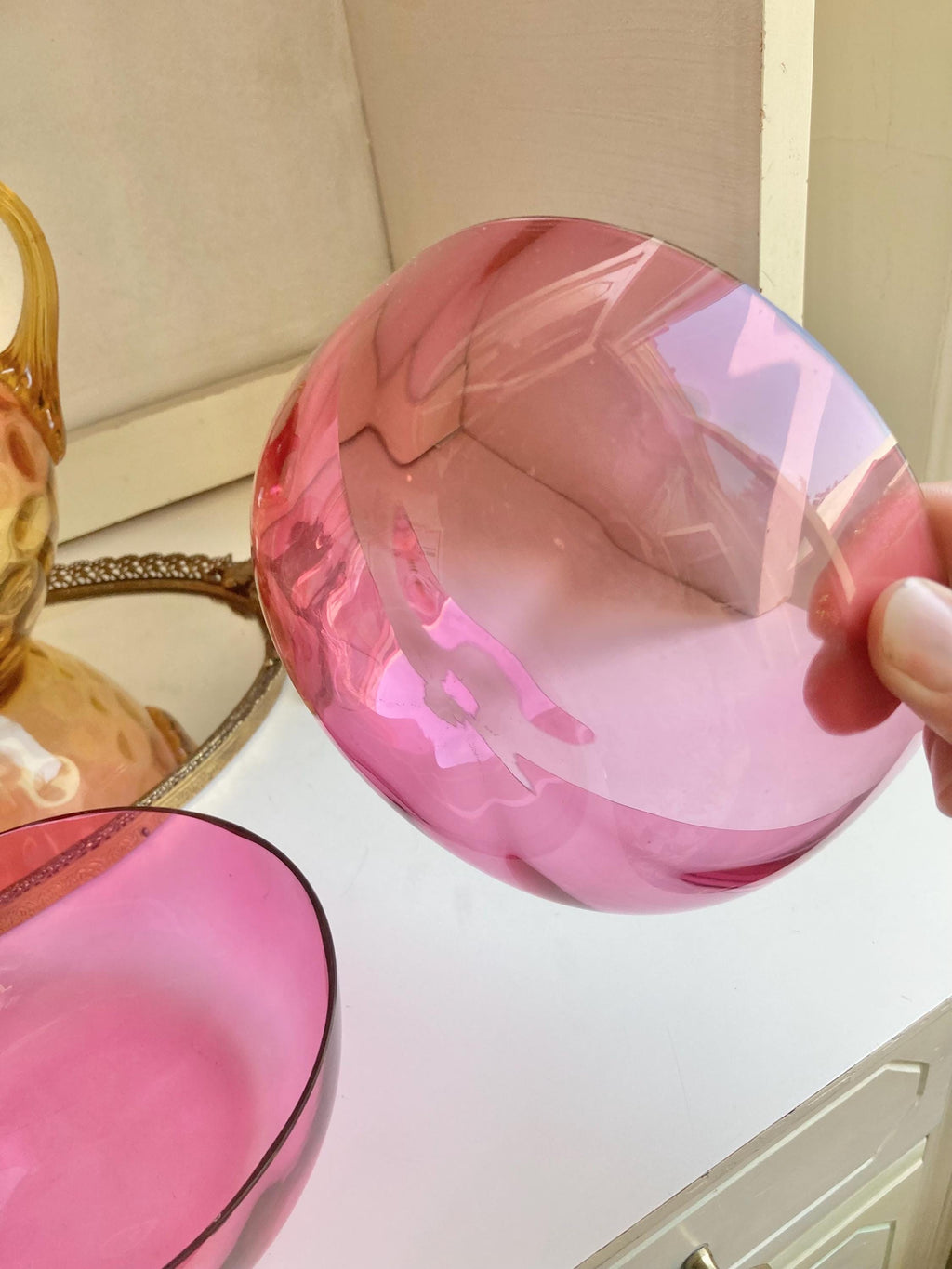Pair of Antique Victorian Optic Blown Glass Textured Cranberry Pink Bowls - Set of 2