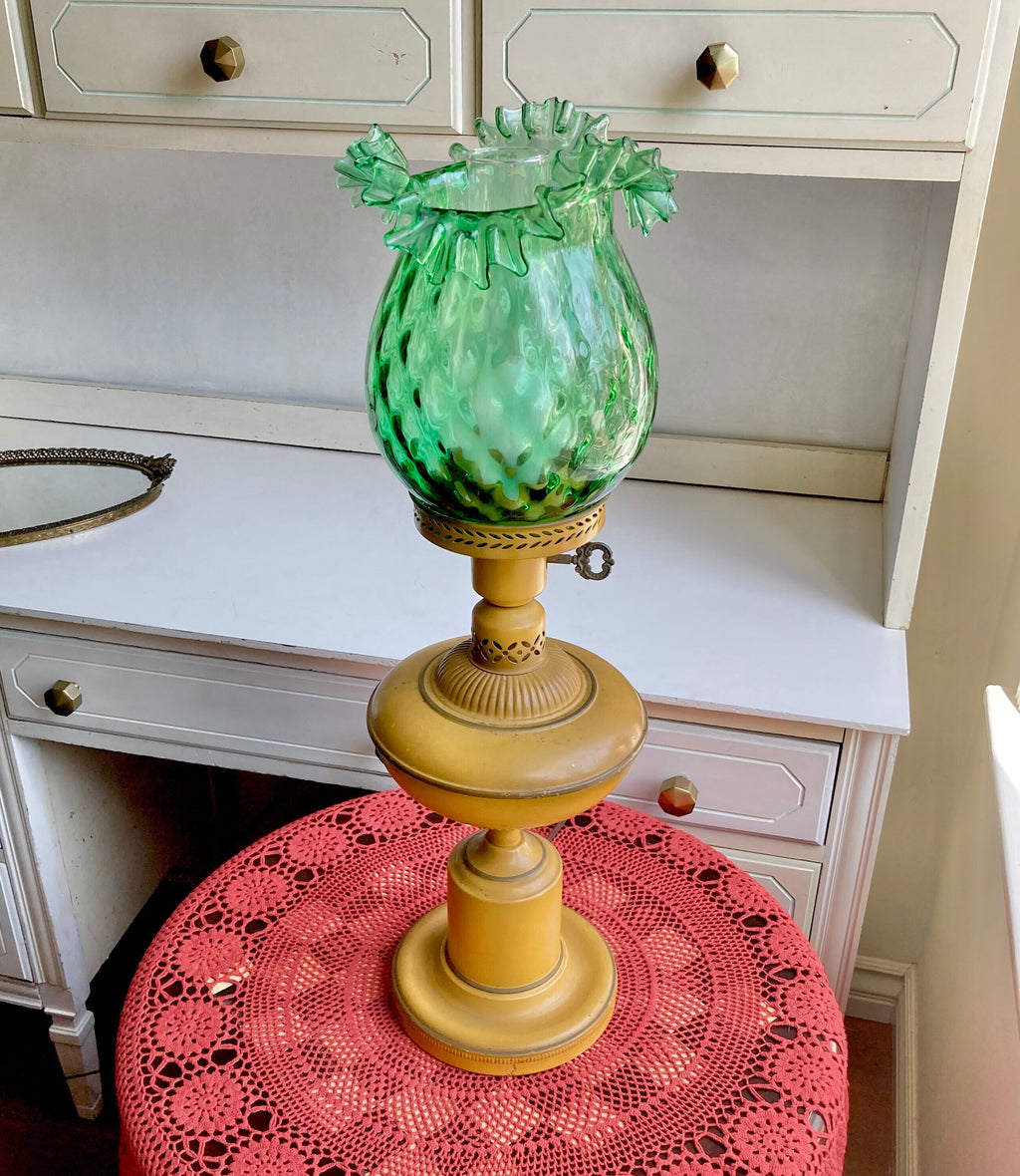 Vintage Hurricane Lamp - Dark yellow metal base, Optic Green Blown Glass Crimped Shade