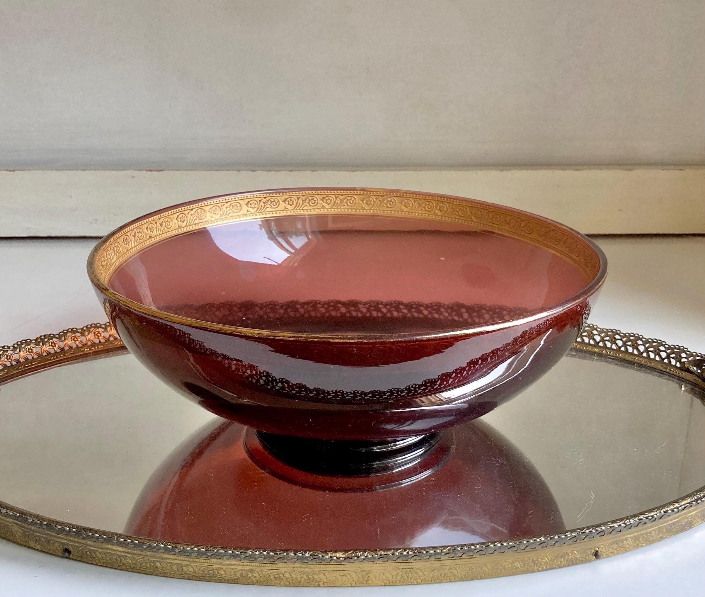 Vintage Purple Amethyst glass 8.75” serving bowl with Ornate Gilt Rim - Worn Finish