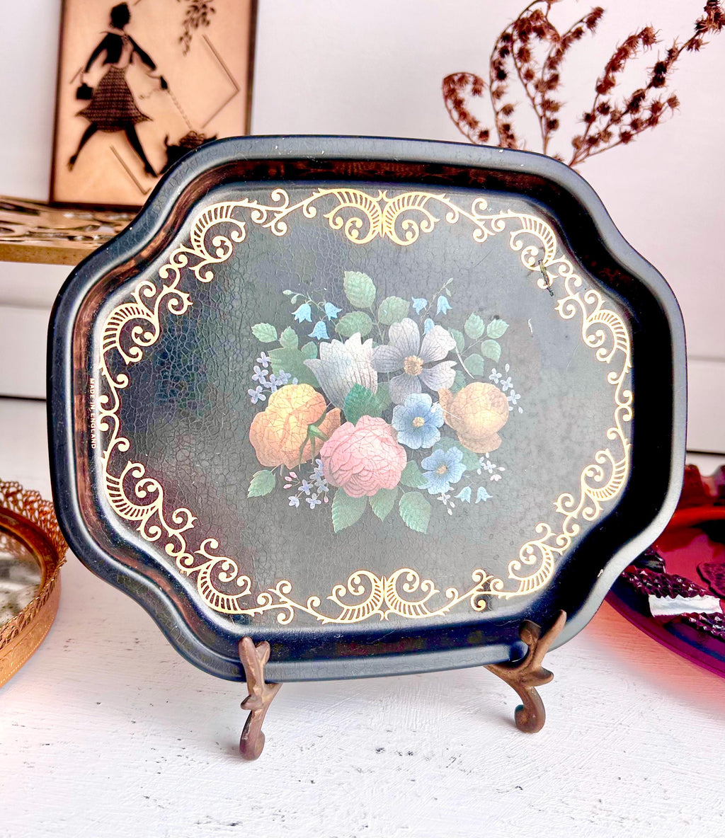 Vintage Floral Tray: Black & Gold Filigree, Made in England (7 Inch)