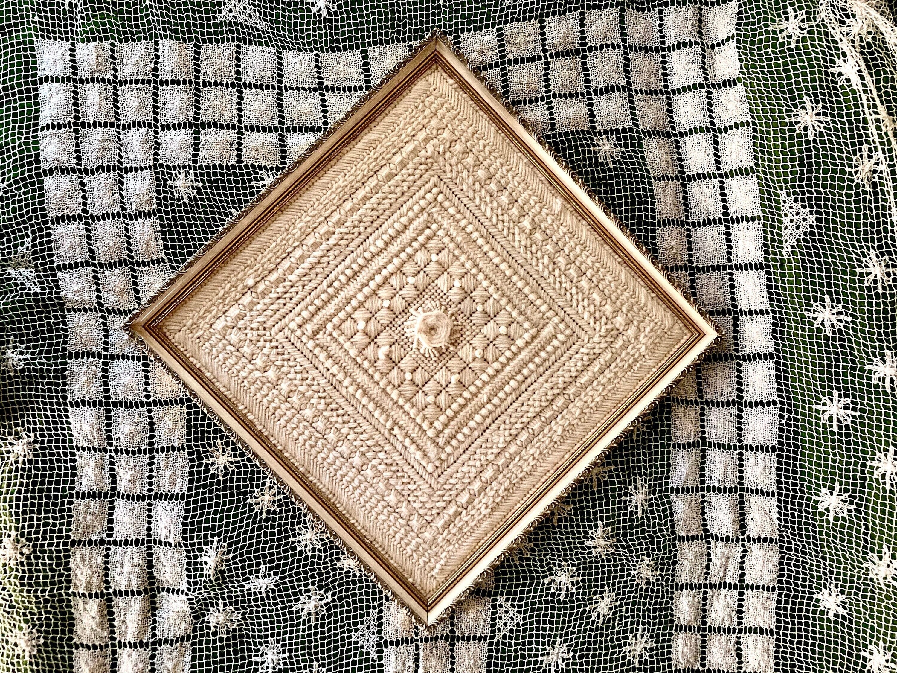 Vintage Yarn Art in Gilt Frame: Cream Boho Wall Decor (20x20)