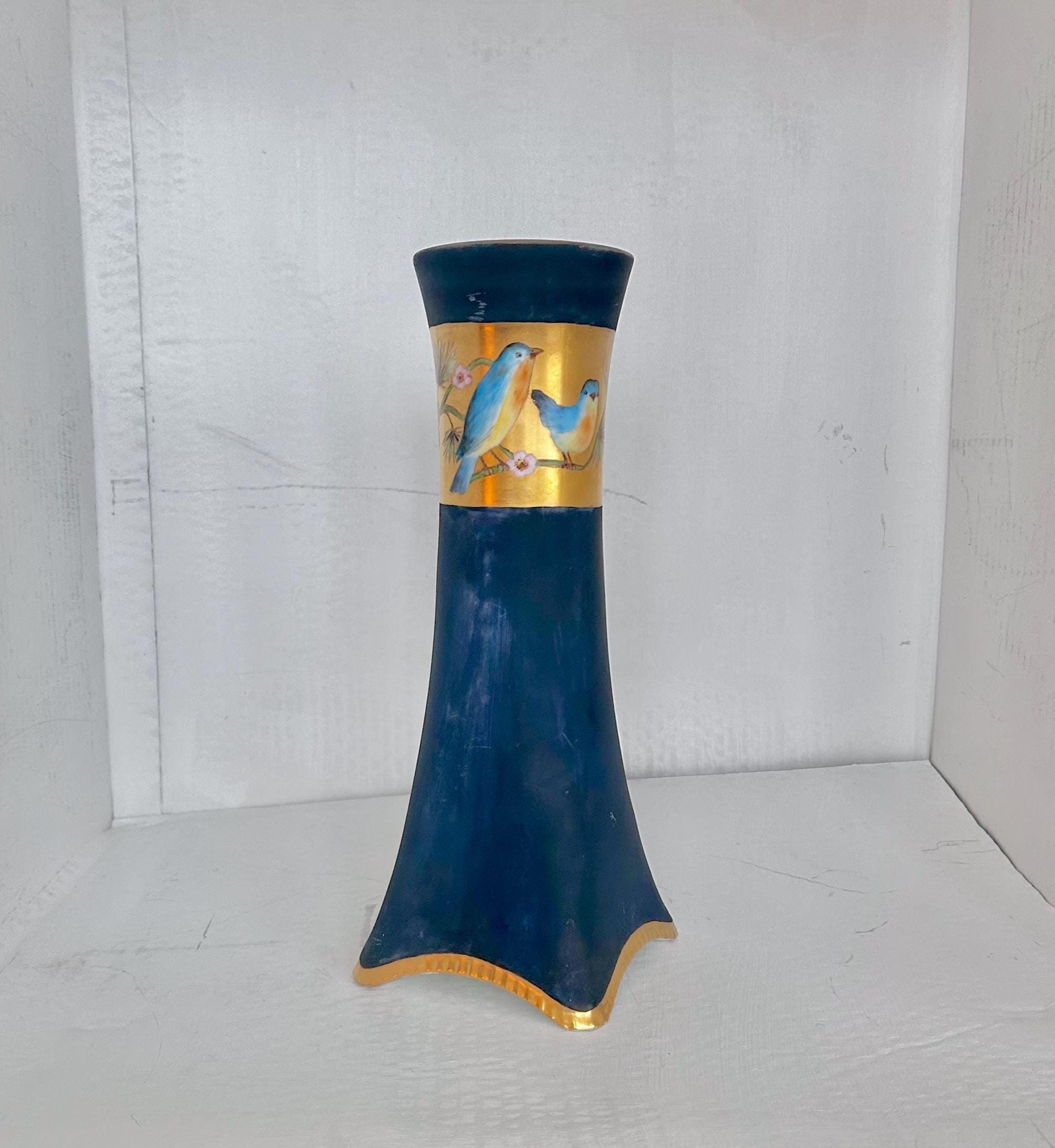 Heinrich & Co Selb Antique Vase with Bluebirds, Large Dark Blue