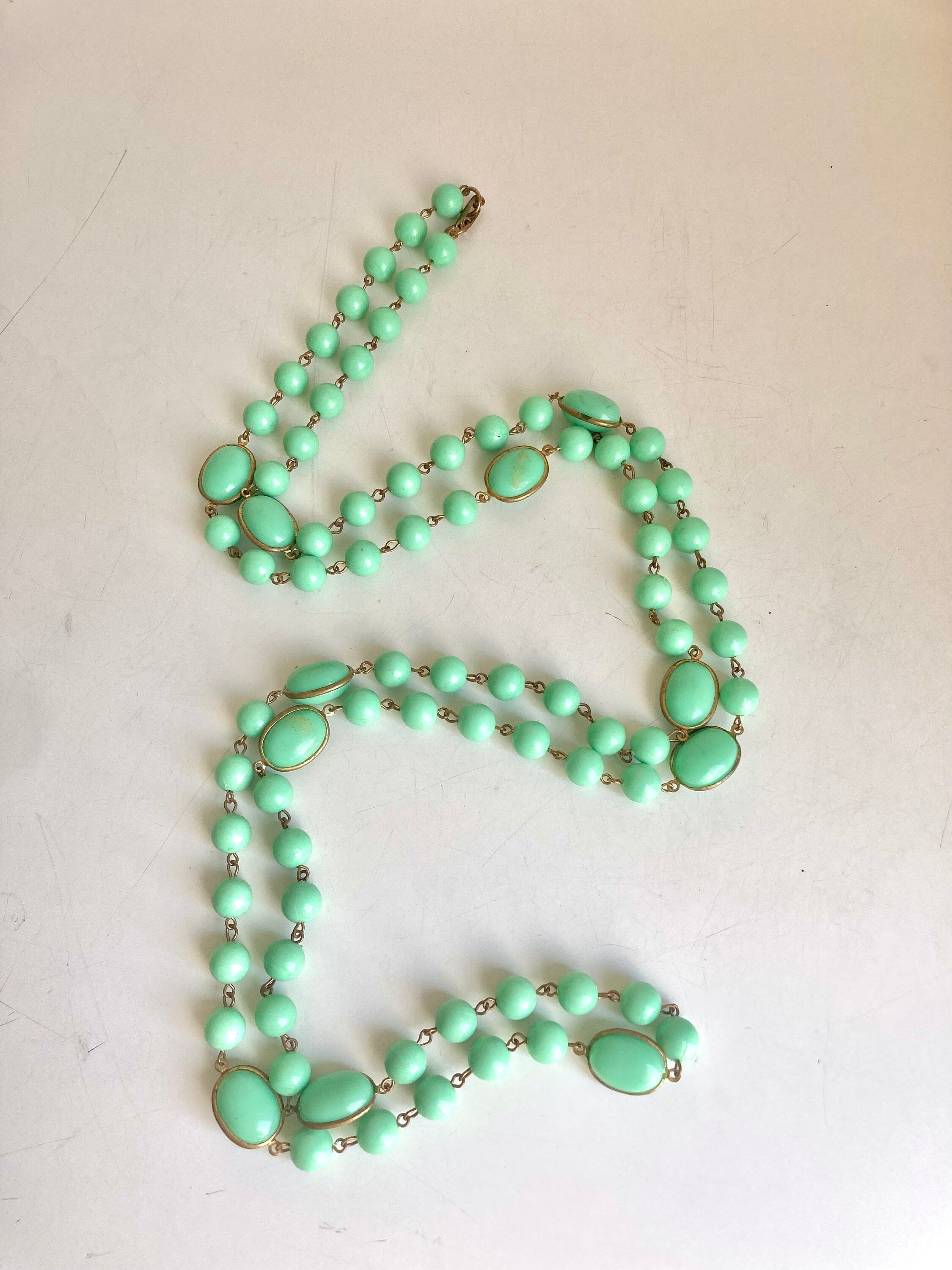 1960s Turquoise Plastic Bead Necklace: Long Costume Jewelry