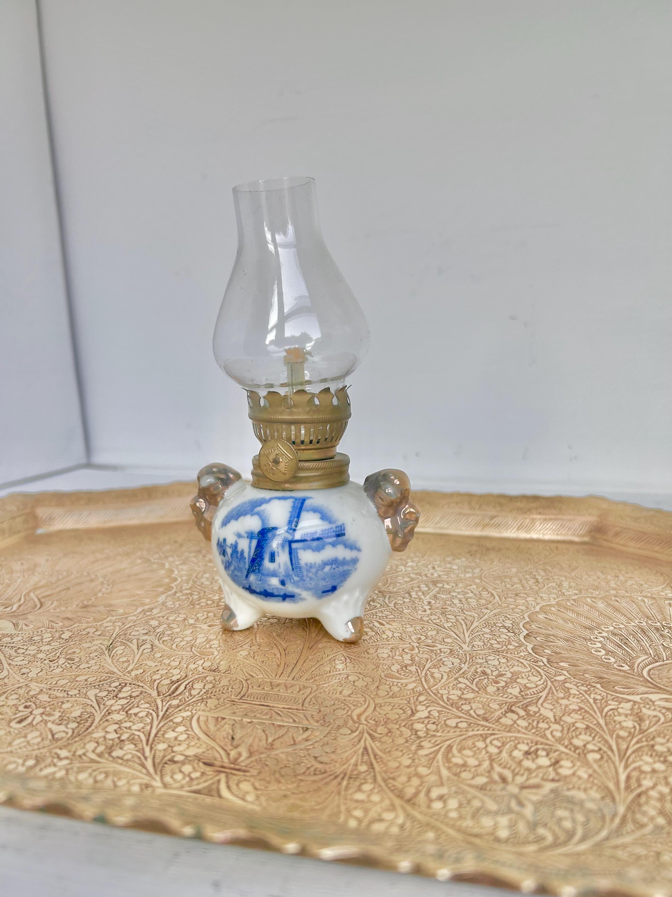 Vintage Dutch Windmill Porcelain Oil Lamp: Blue & White China, Gilt Trim