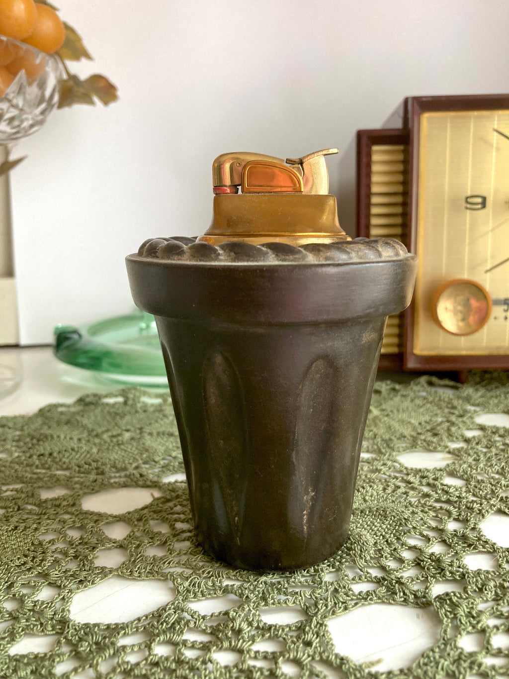 Vintage MCM Evans Table Lighter: Brown Ceramic & Brass Rope Pattern