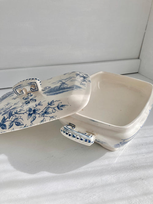Antique Blue & White Transferware Casserole Dish: 1880s J.H. Davis Victor with Windmill