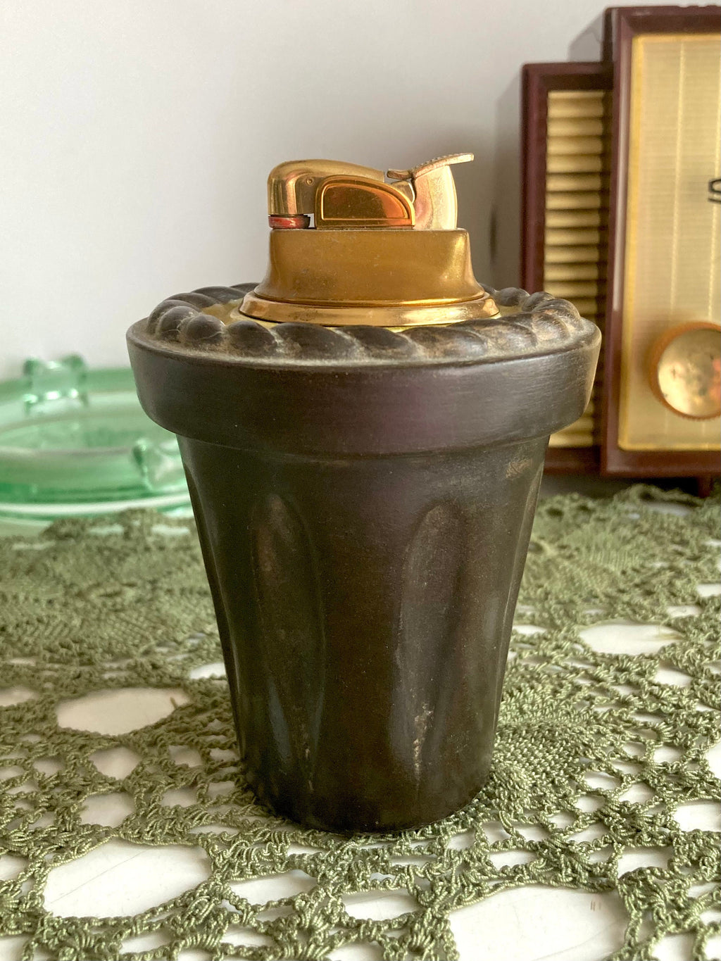 Vintage MCM Evans Table Lighter: Brown Ceramic & Brass Rope Pattern