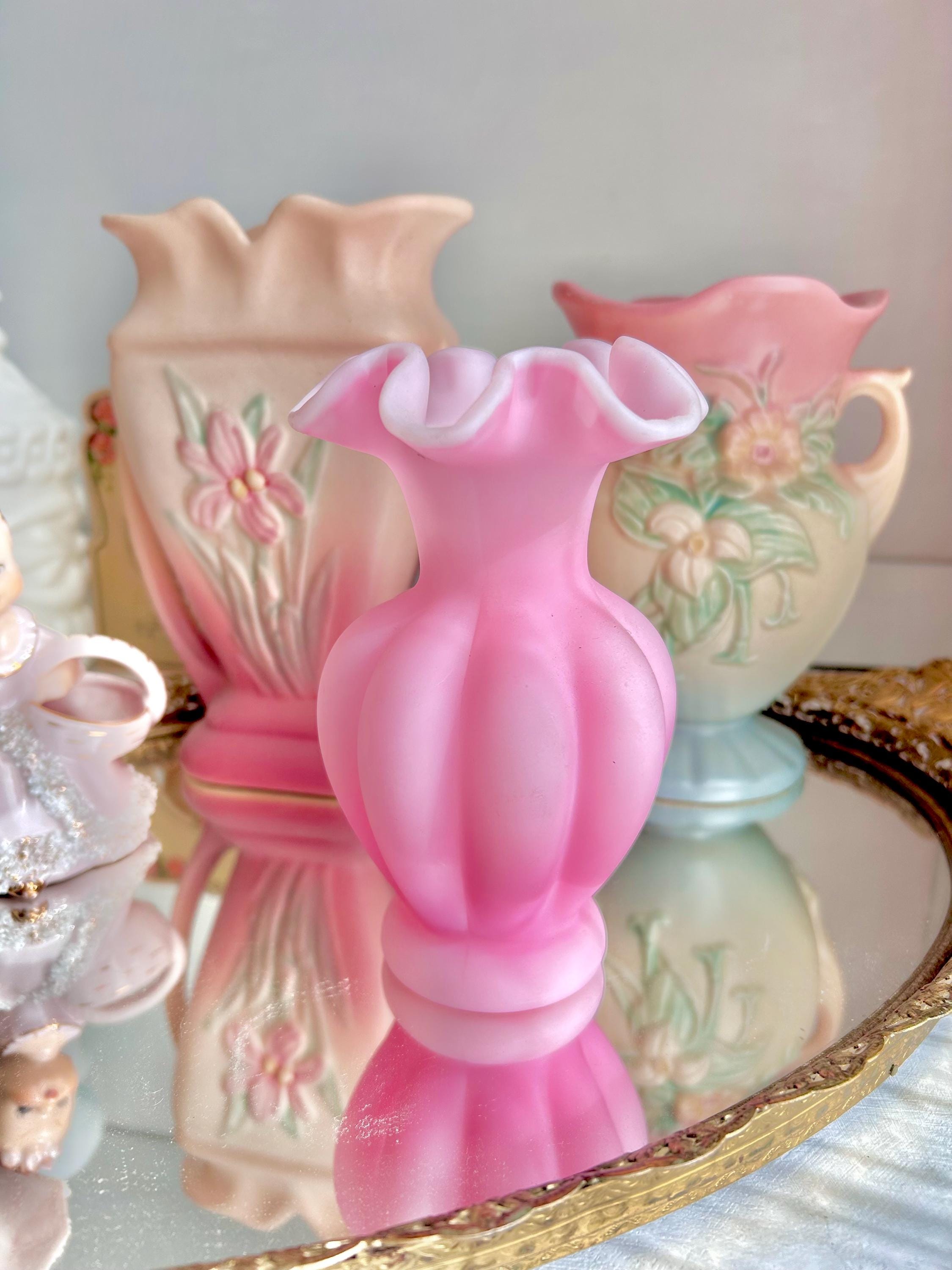 Vintage Fenton Pink Melon Vase: Satin Glass Ruffled Rim