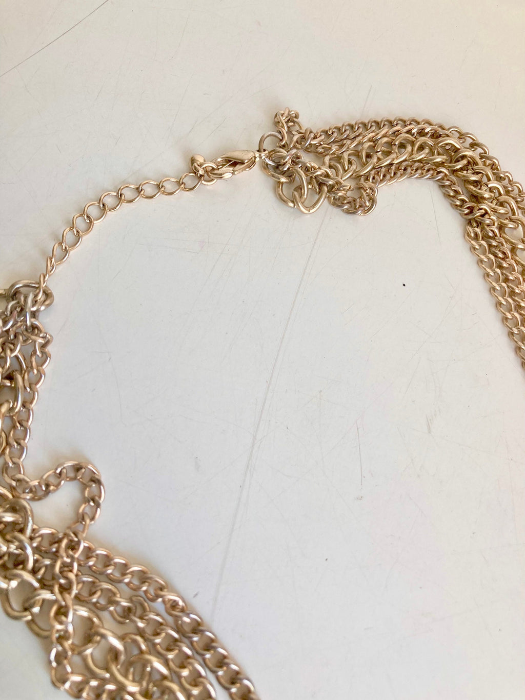 34" vintage Gold Tone Chain and Blush Pink Gem-Cut Beaded 4-Layered Necklace