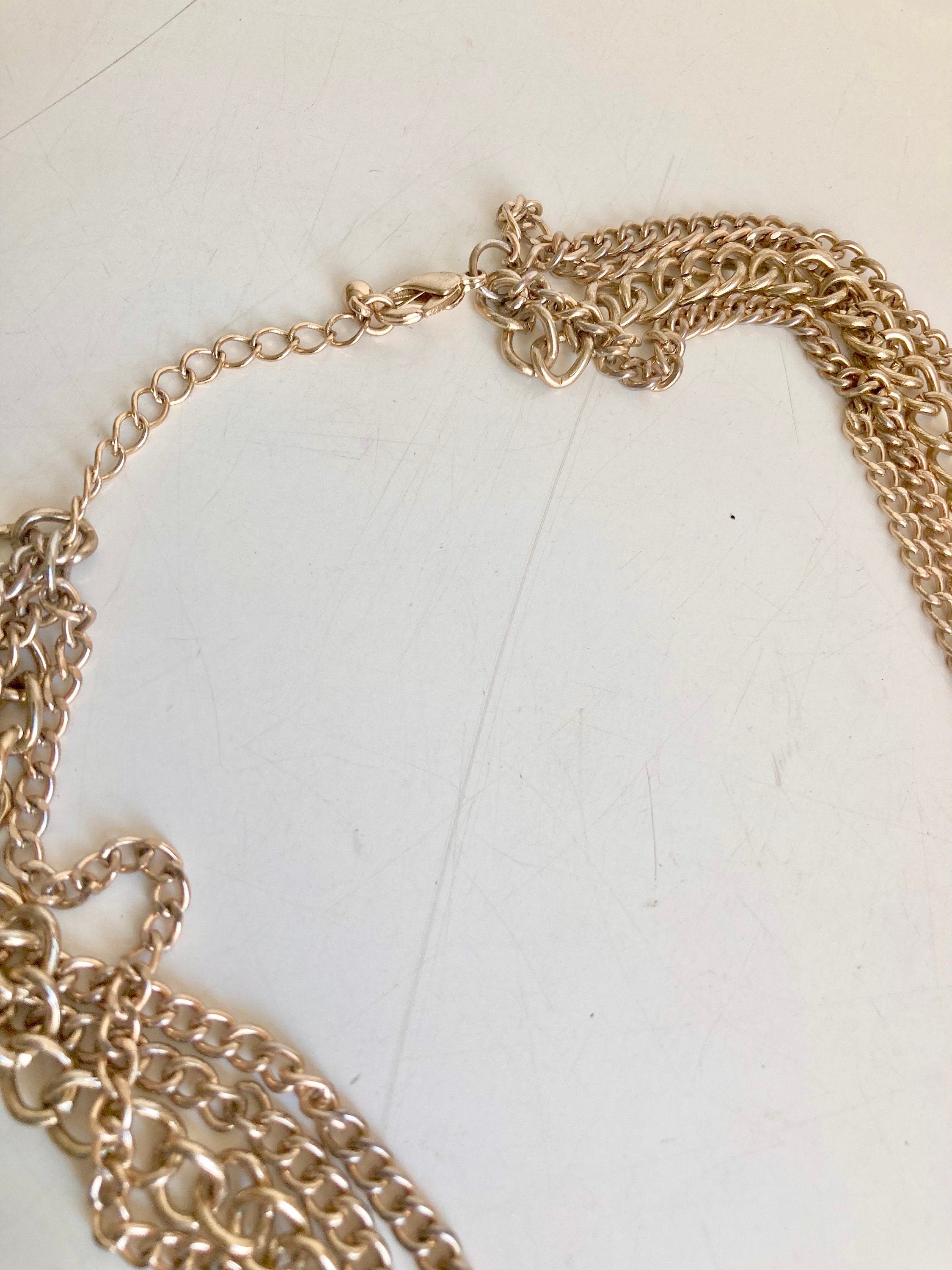 34" vintage Gold Tone Chain and Blush Pink Gem-Cut Beaded 4-Layered Necklace