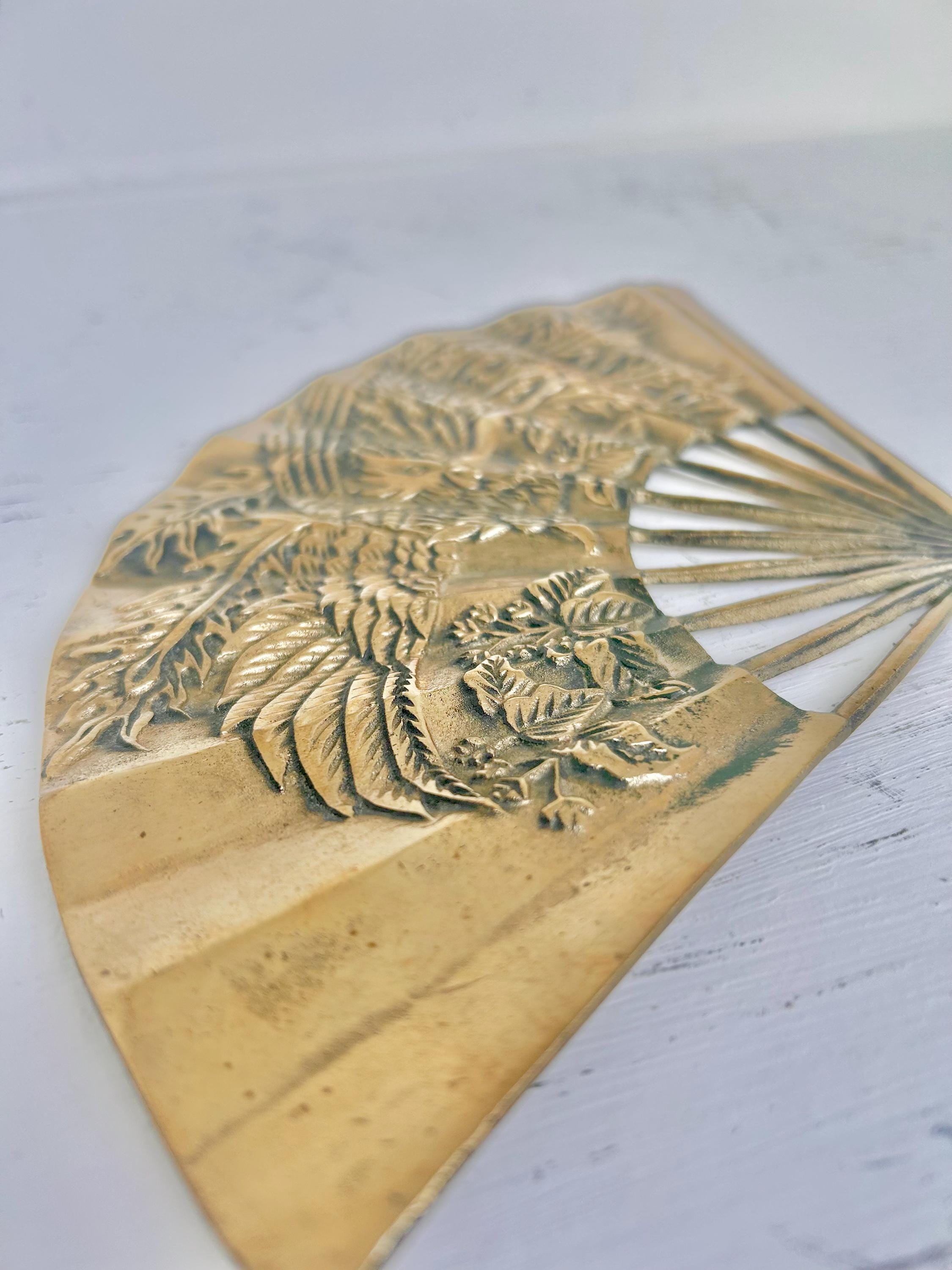 Vintage Solid Brass Wall Decor or Trivet- Open Fan with Phoenix or Dragon Relief