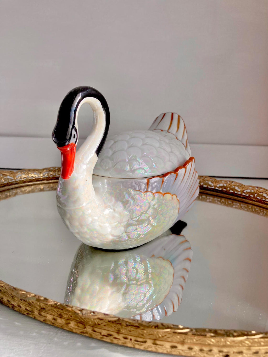 Vintage Lusterware Swan Dish: Gold Castle Ceramic Container, Japan