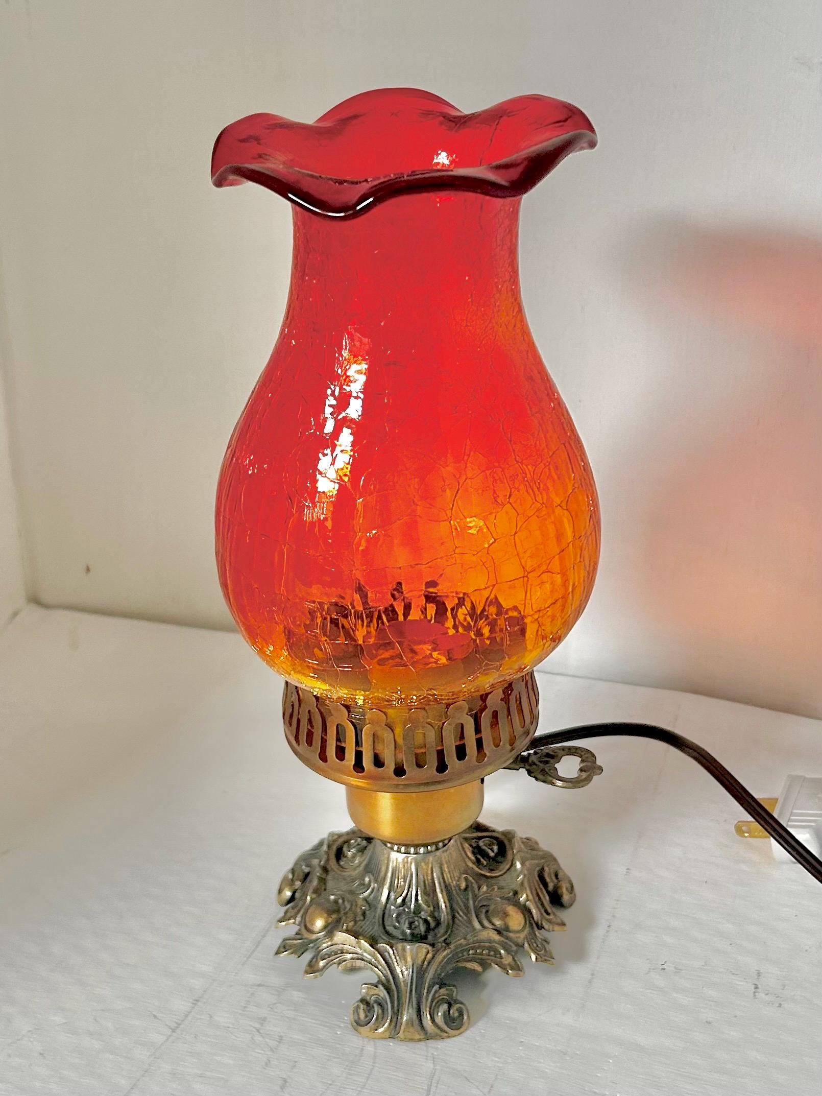 Vintage Amberina Crackle Glass Hurricane Lamp: Brass Base, Ruffled Shade
