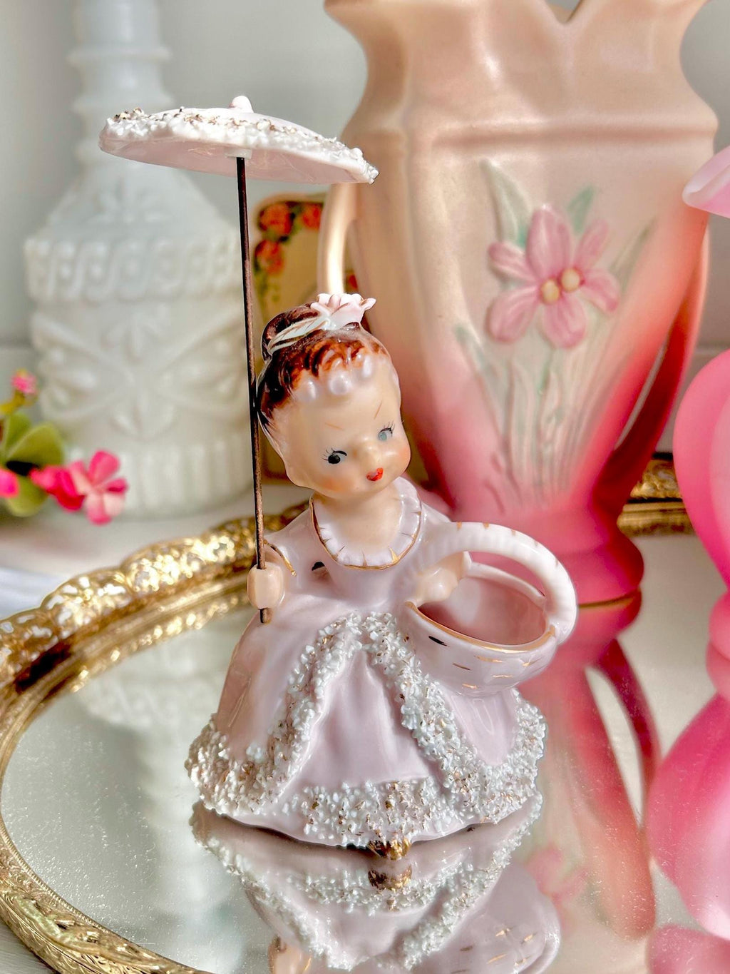 Vintage Spaghetti Porcelain Girl Figurine: Pink Dress, Parasol, Basket Vase (Hairline Crack)