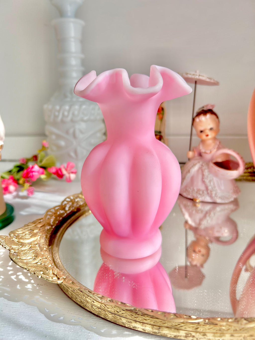 Vintage Fenton Pink Melon Vase: Satin Glass Ruffled Rim