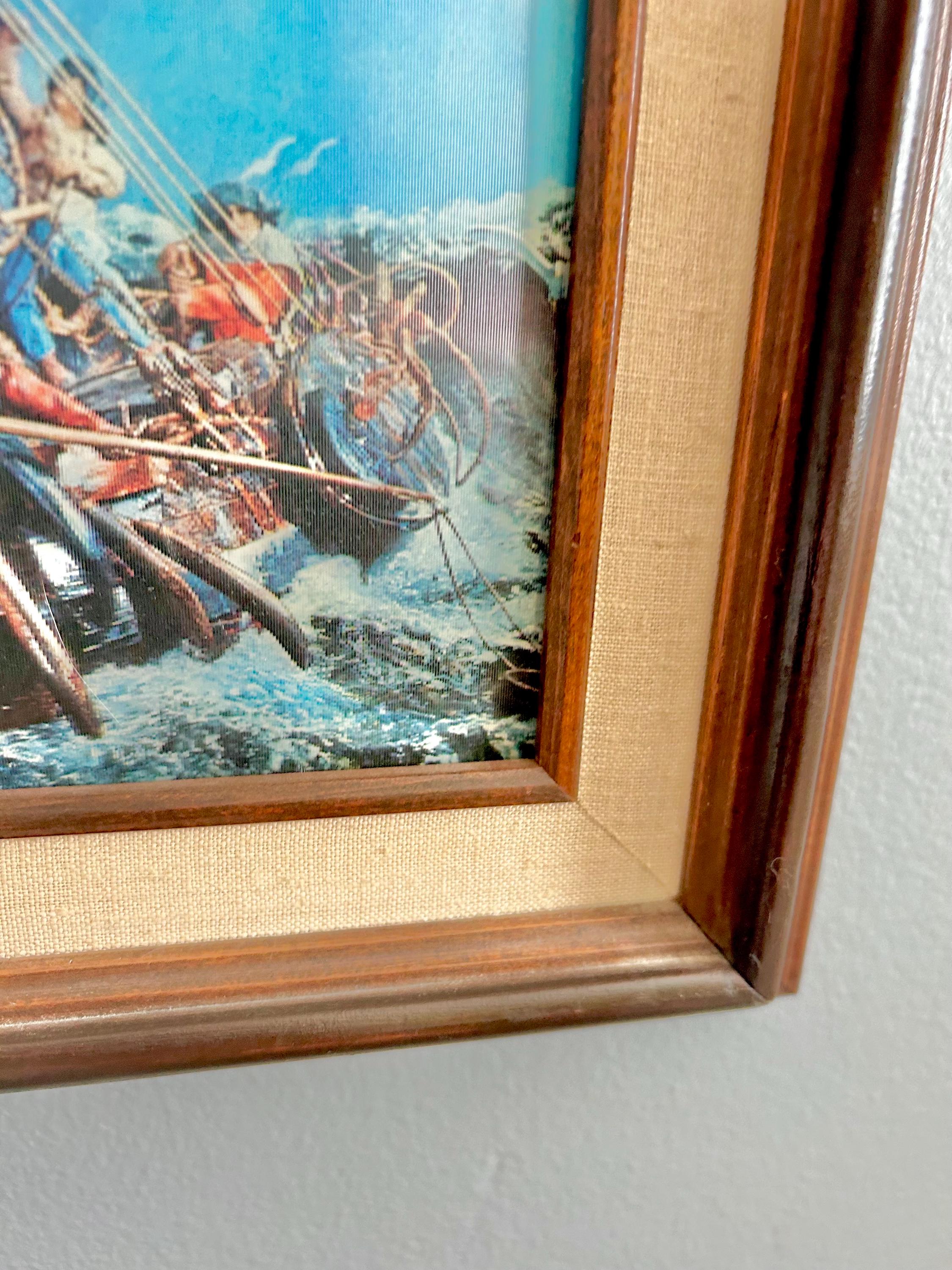 Vintage Lenticular Sailboat Art: Kitsch 3D Hologram, Wooden Frame