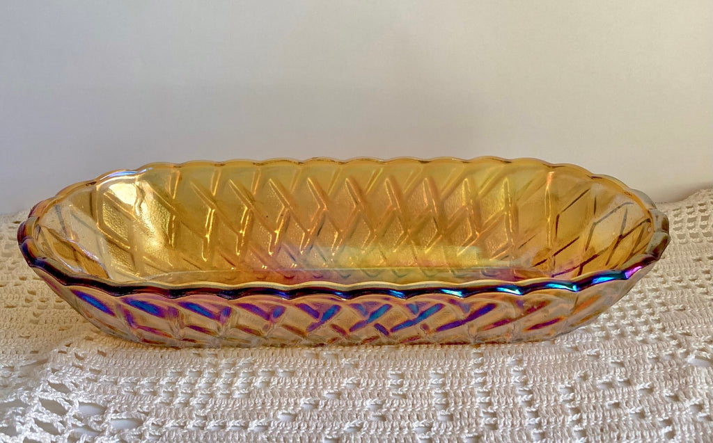Vintage Amber Carnival Glass Bread Bowl: Indiana Glass Lattice Basketweave