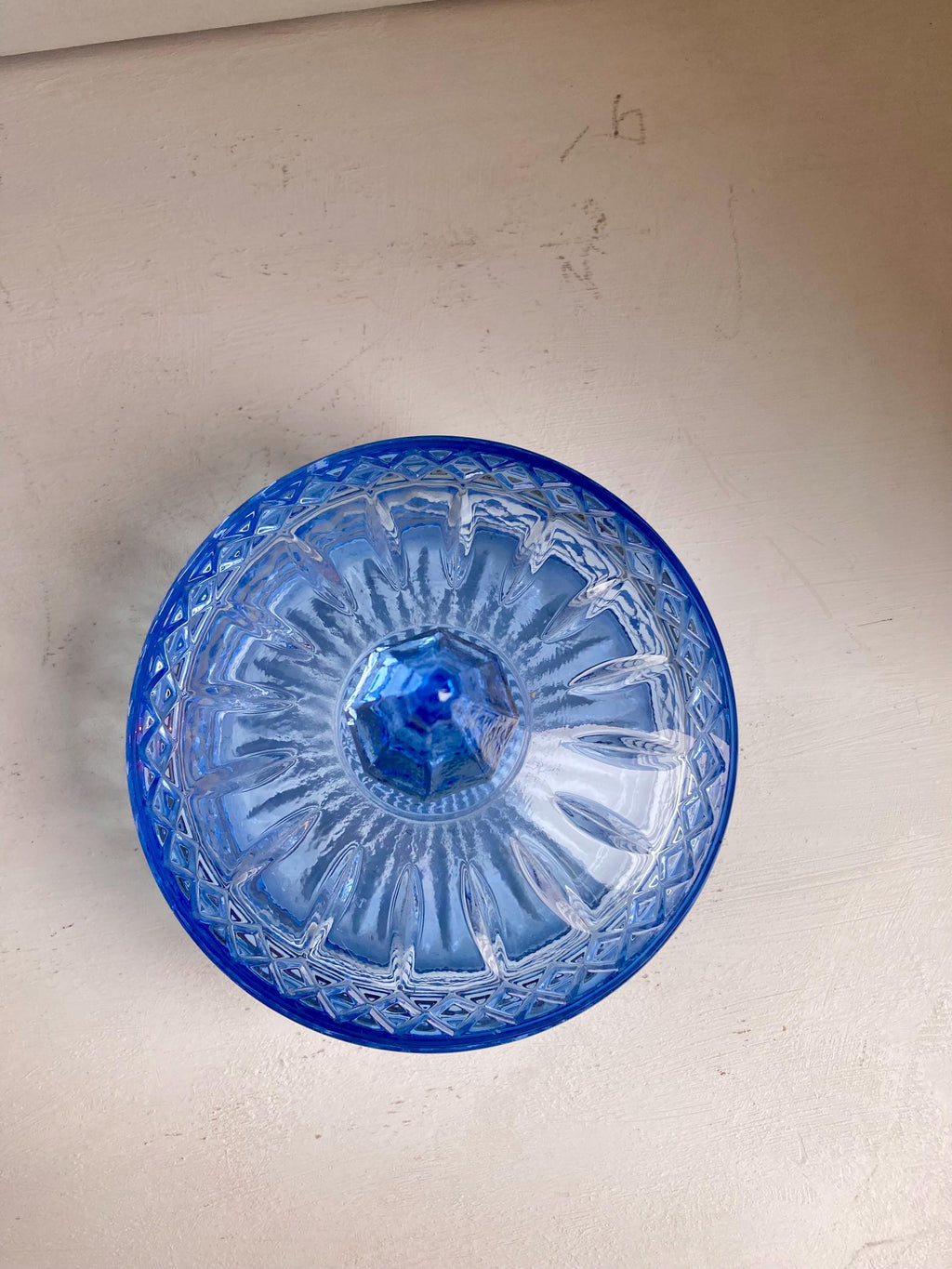 Vintage Indiana Glass Celeste Blue Lidded Candy Dish: Lattice Starburst Pattern