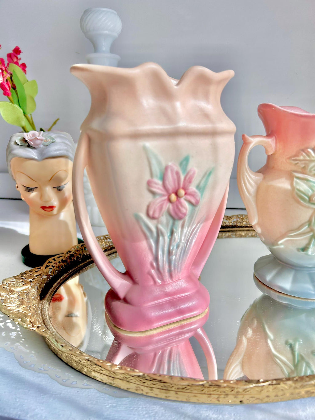 Vintage Hull Art Pottery Vase: Pink Floral Urn with Handles