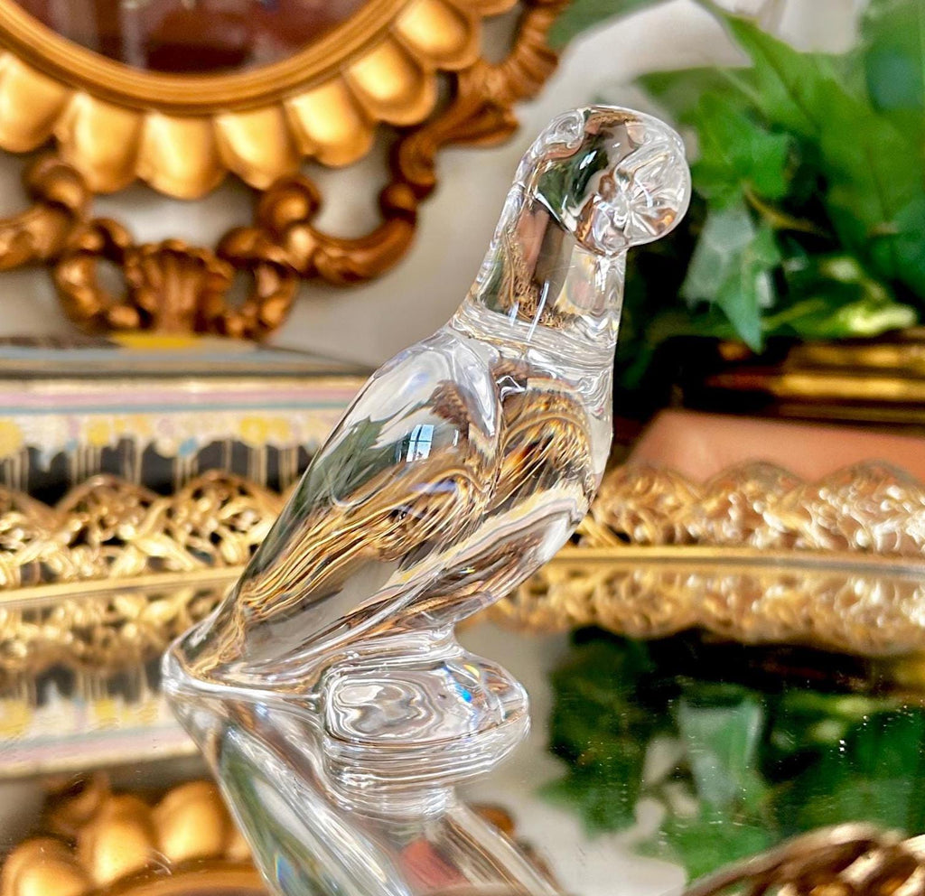 Vintage Baccarat, France Solid Crystal Glass Parrot Figurine, Clear