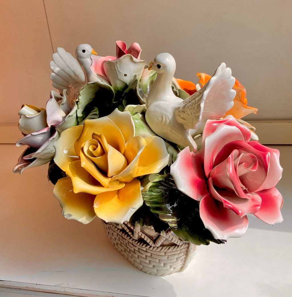 1970s Nuova Capodimonte 17" Grand Centerpiece with Pair of Doves, Basket of Roses