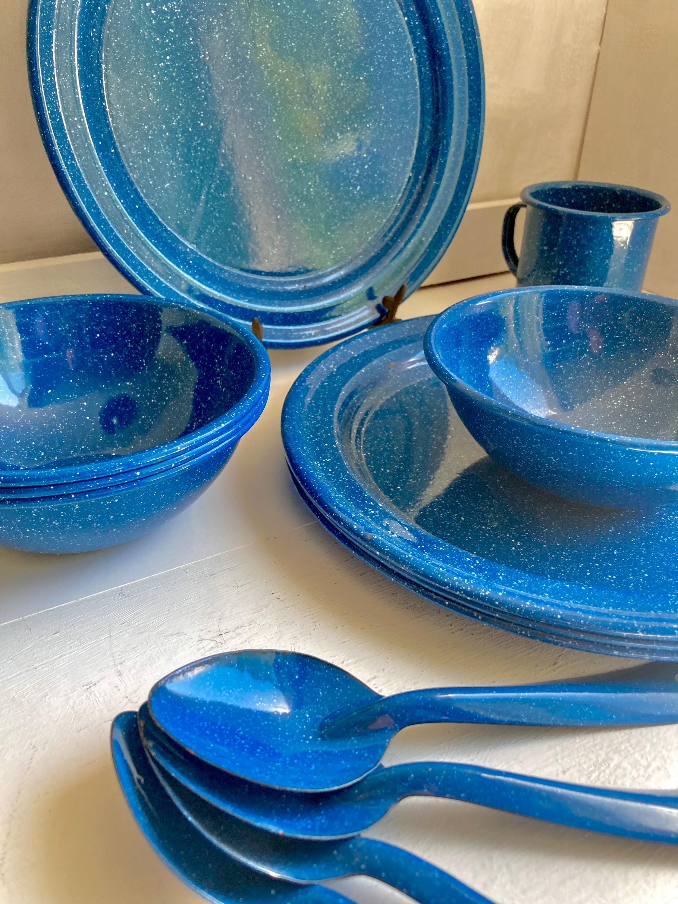 Vintage Enamelware White Speckled Blue Metal Dining for Outdoors and Camping: Choose from options