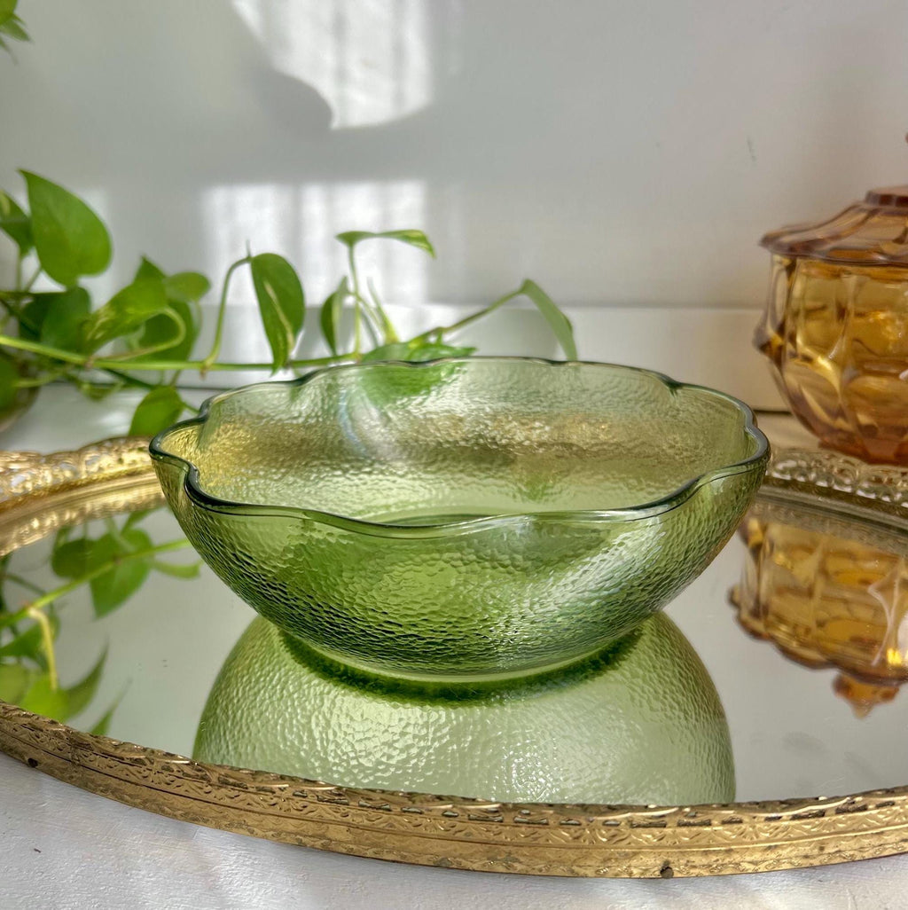 Vintage Hazel Atlas Green Glass Bowl: Pebblestone Ruffle Rim