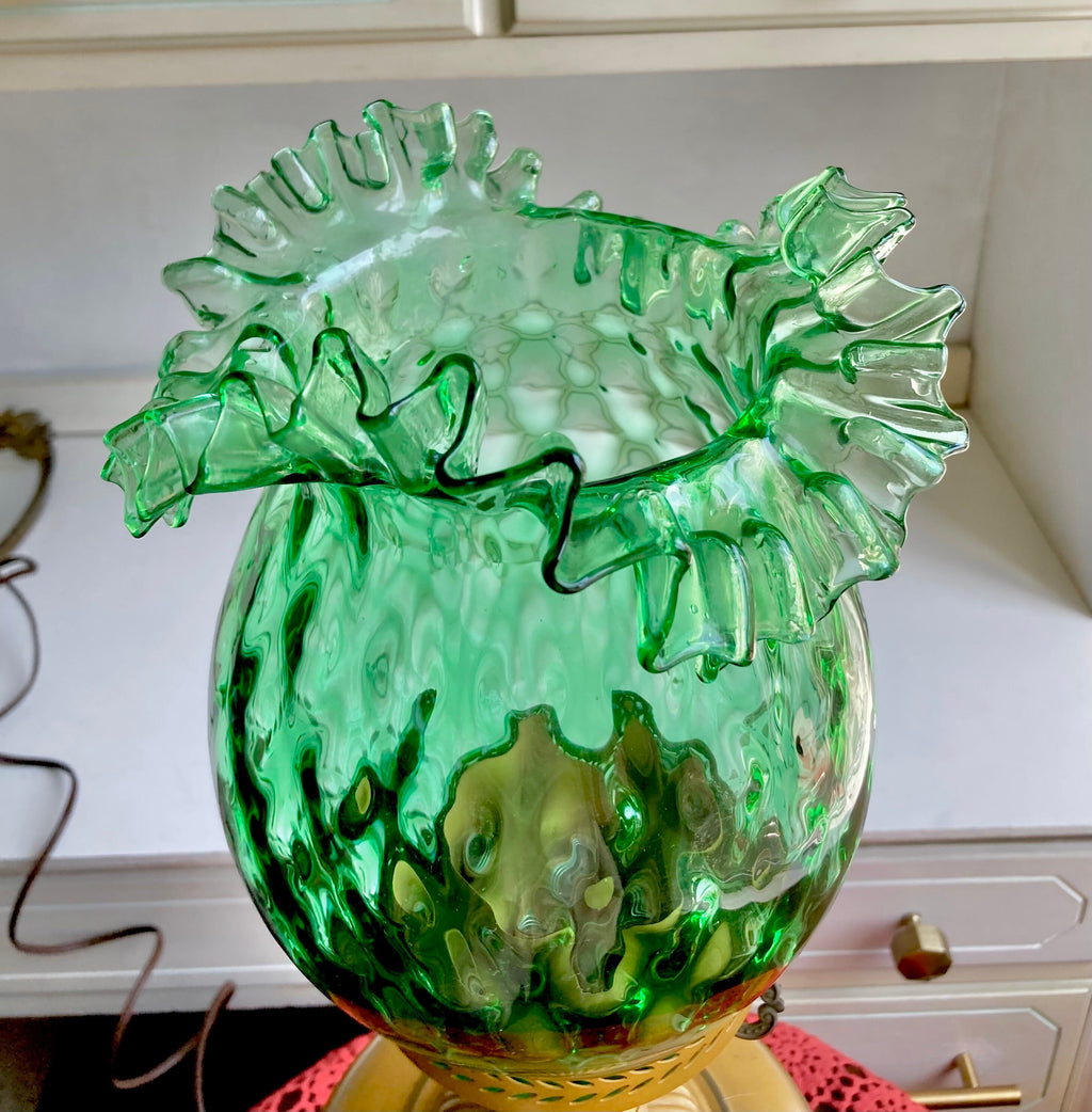 Vintage Hurricane Lamp - Dark yellow metal base, Optic Green Blown Glass Crimped Shade