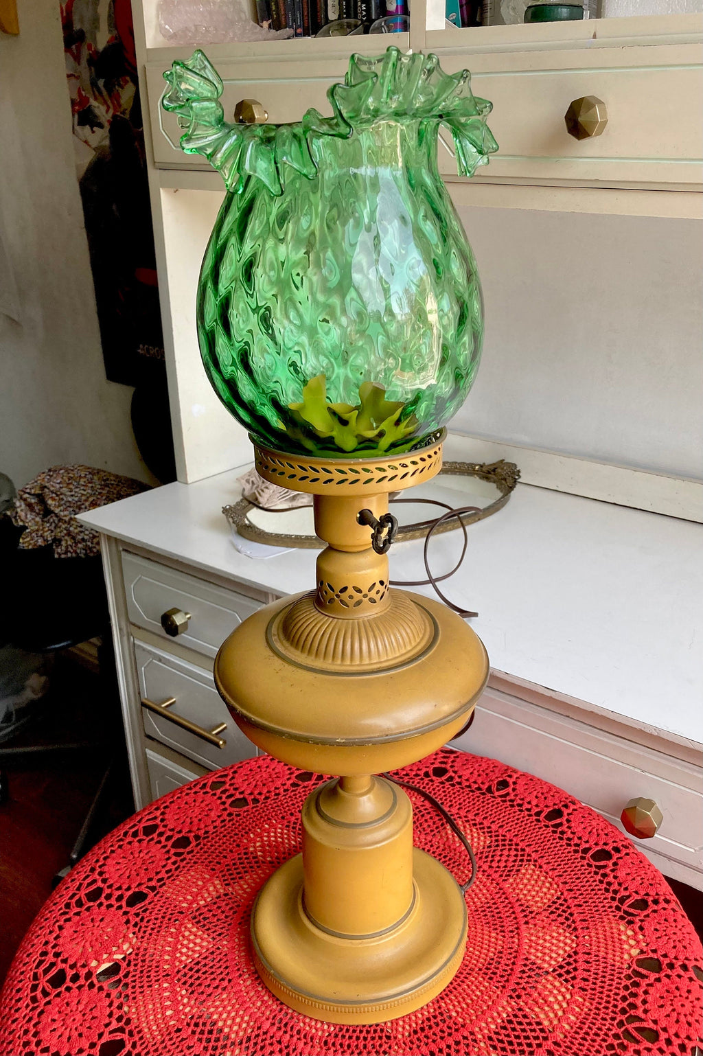 Vintage Hurricane Lamp - Dark yellow metal base, Optic Green Blown Glass Crimped Shade
