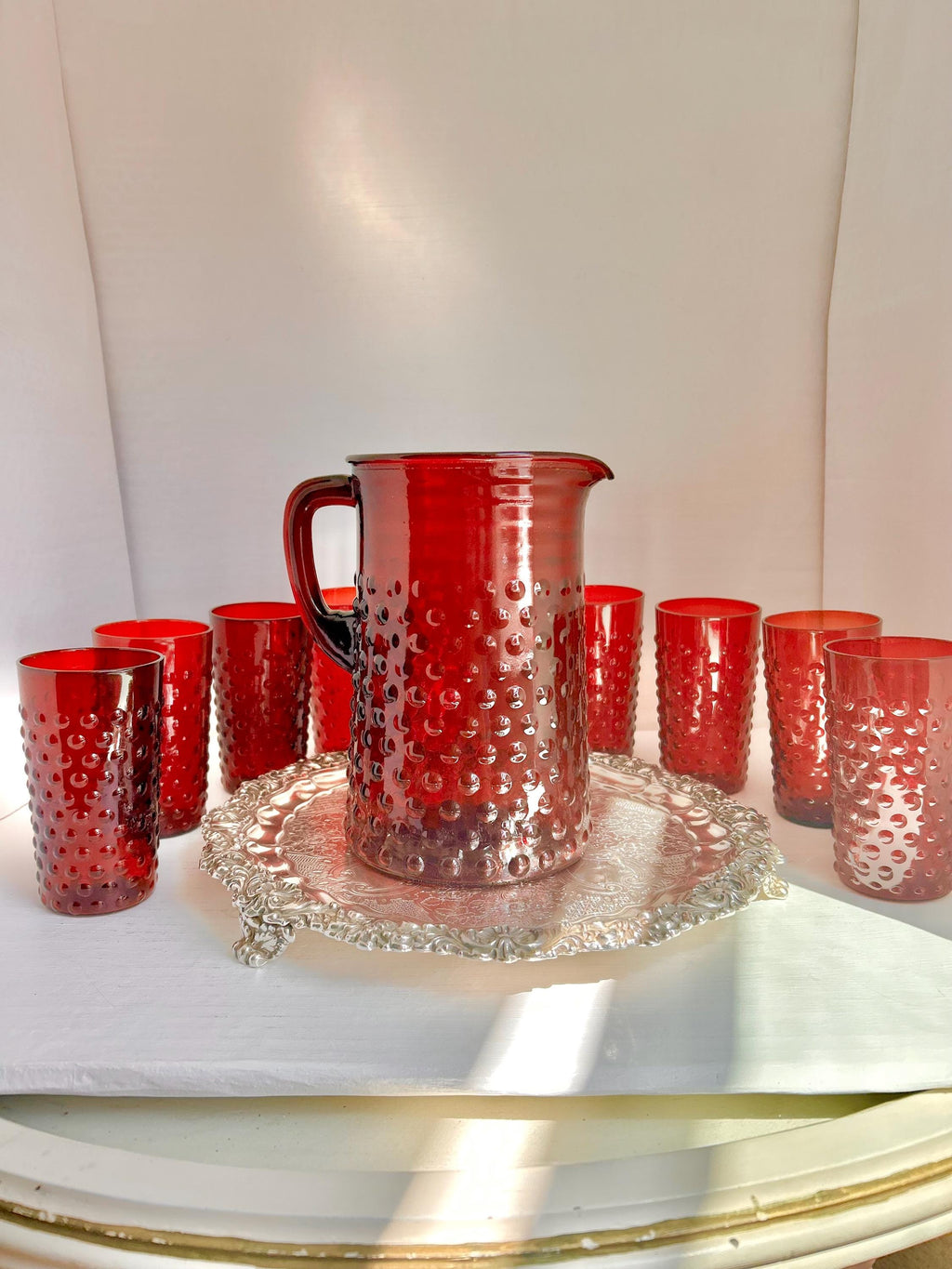 Vintage Anchor Hocking Royal Ruby Red Hobnail Glass Set: Pitcher & 8 Juice Glasses