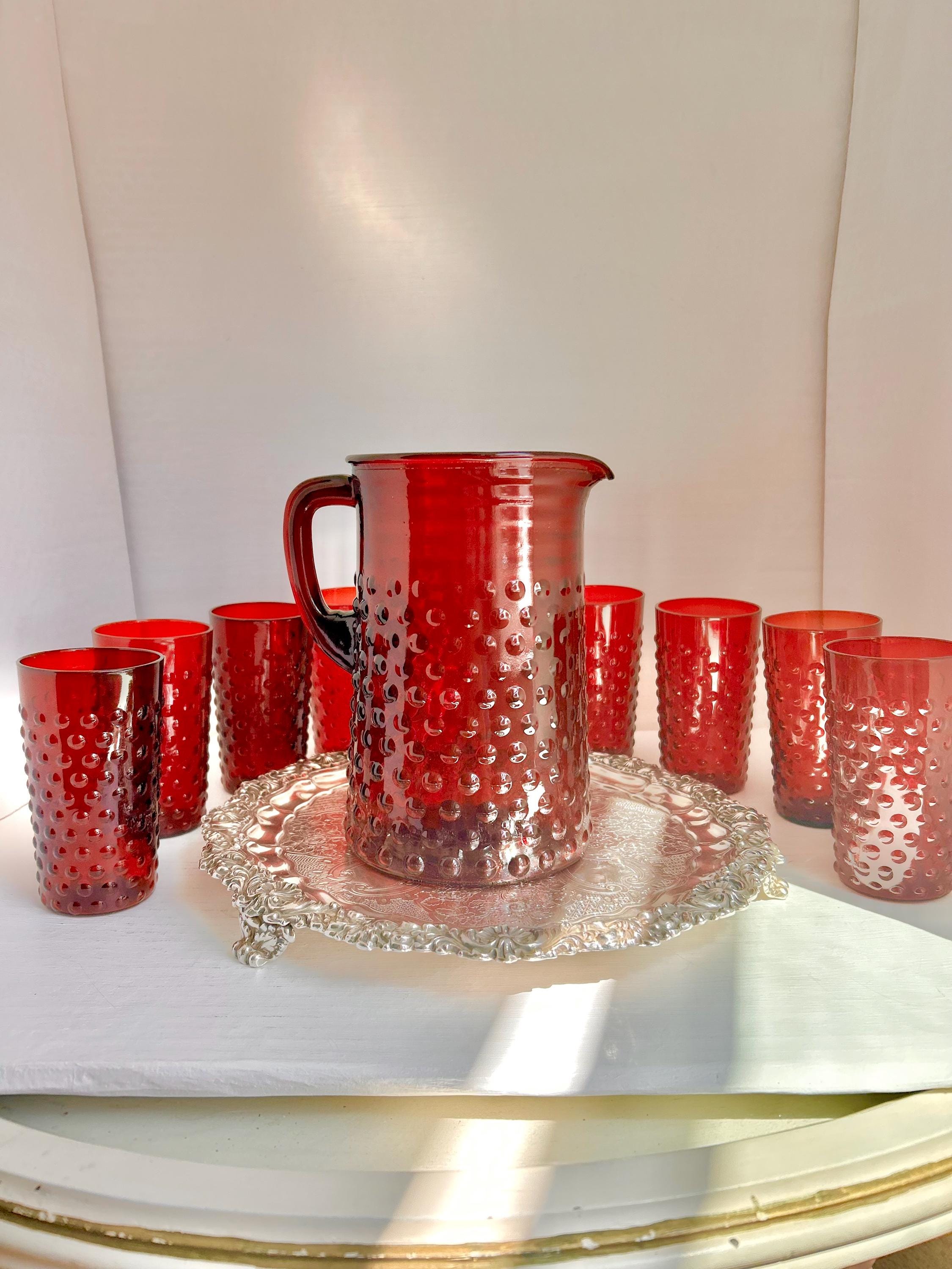 Vintage Anchor Hocking Royal Ruby Red Hobnail Glass Set: Pitcher & 8 Juice Glasses