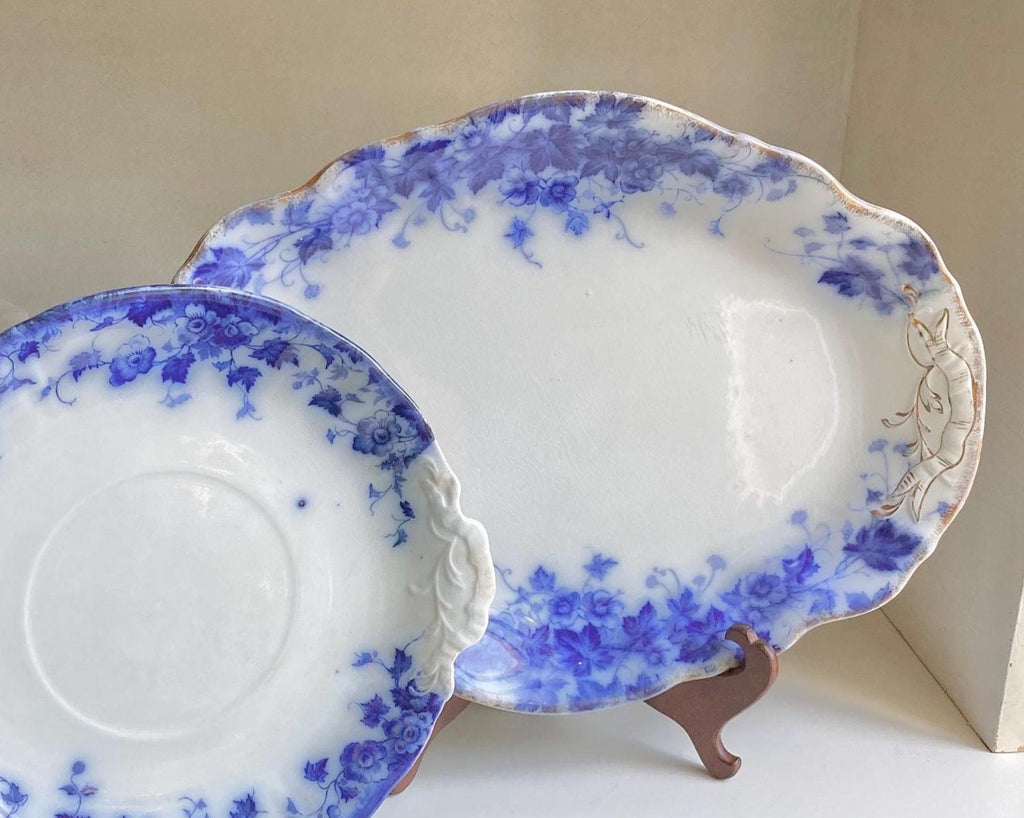 Antique Flow Blue Serving Platter: Royal Semi Porcelain Floral Plate, 14.5"
