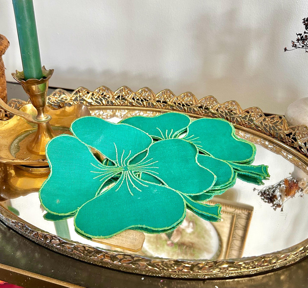 Vintage Hand Stitched Linen Shamrock Coasters in Emerald Green Set of 4