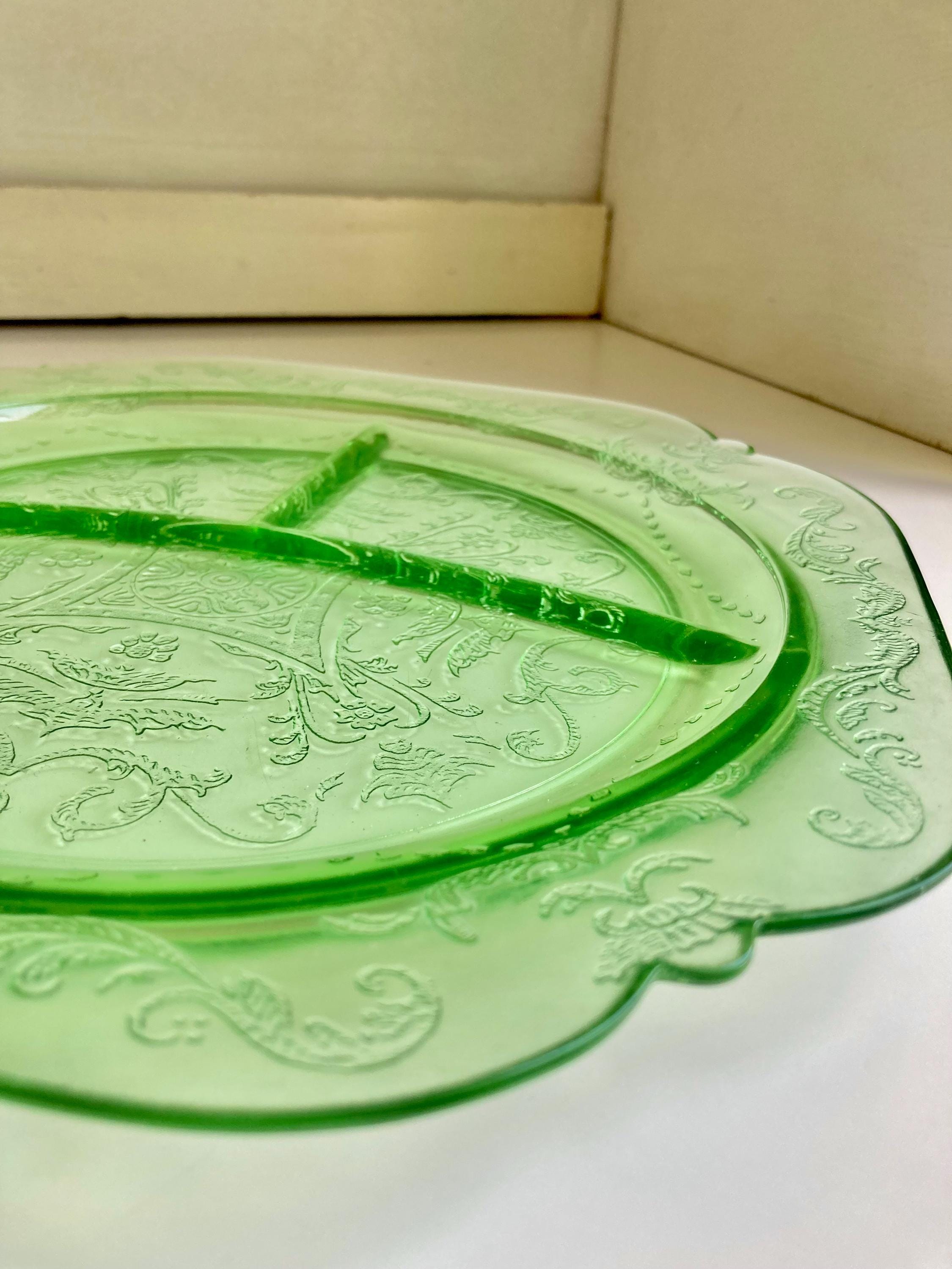 Vintage Uranium Green Glass Divided Plate: Federal Madrid Pattern