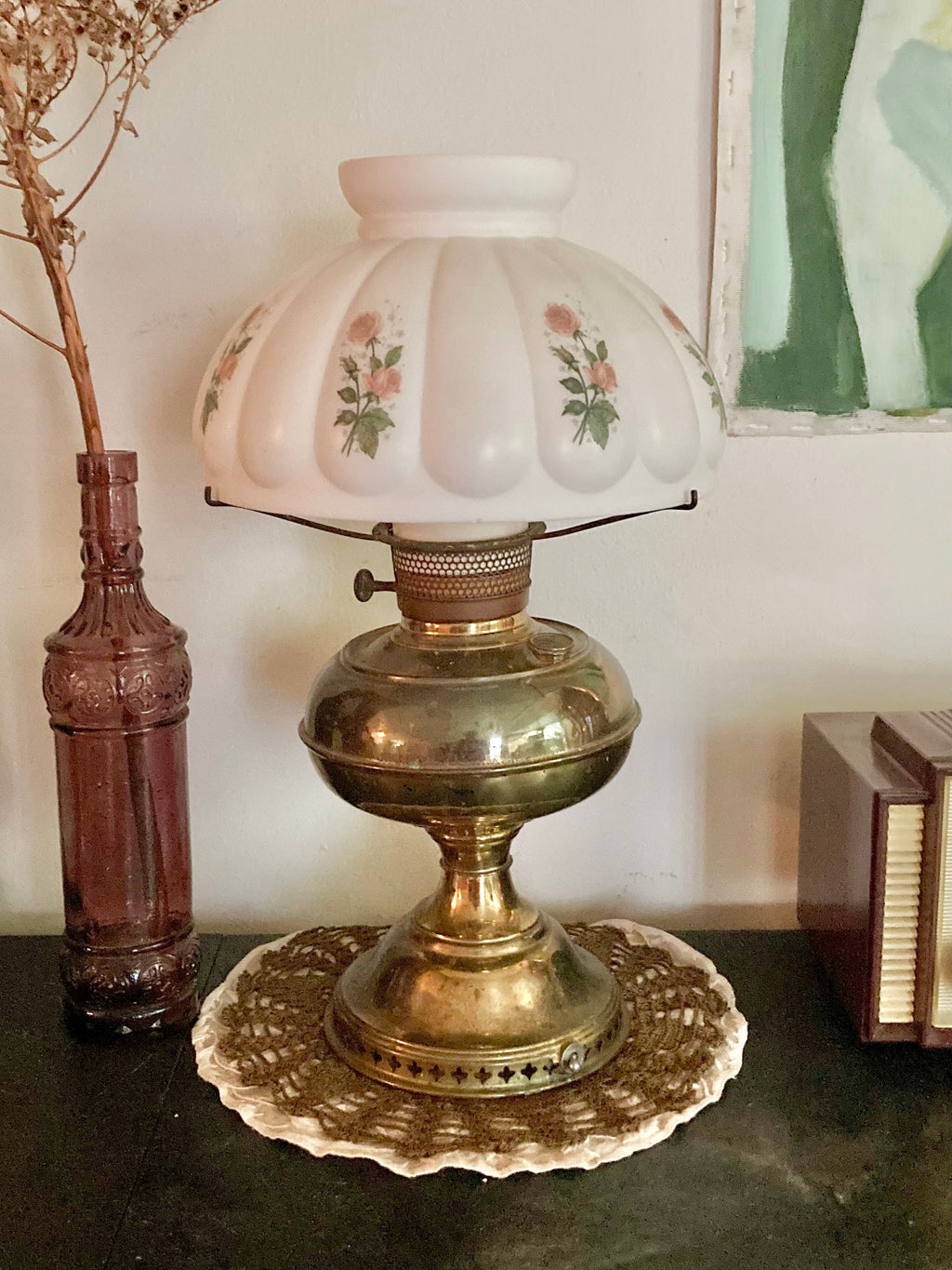 Vintage Converted Brass Oil Boudoir Lamp - Milk Glass Shade with Pink Roses Applique