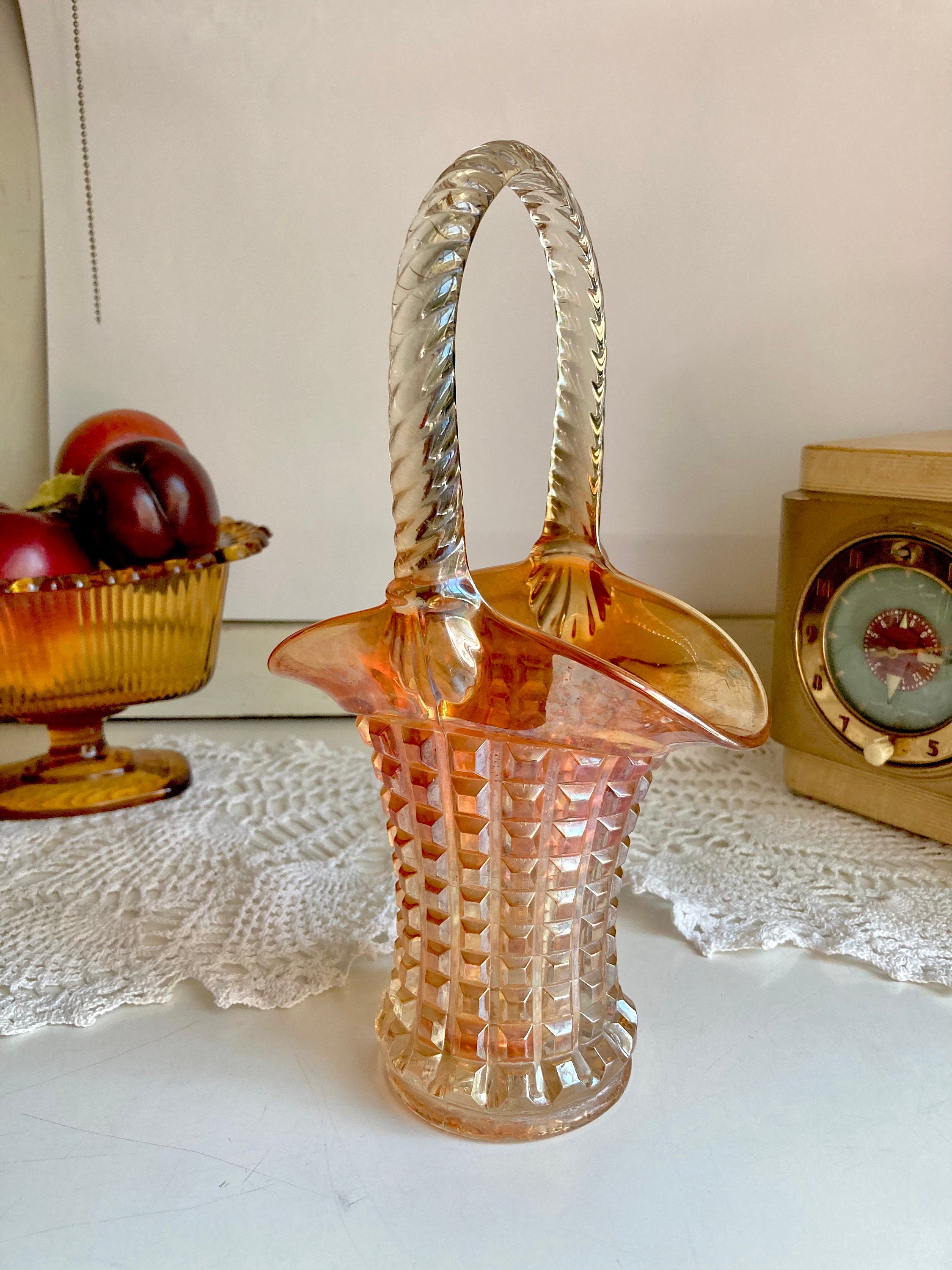 Vintage Imperial Marigold Carnival Glass Basket Vase: Waffle Block Pattern, Braided Handle