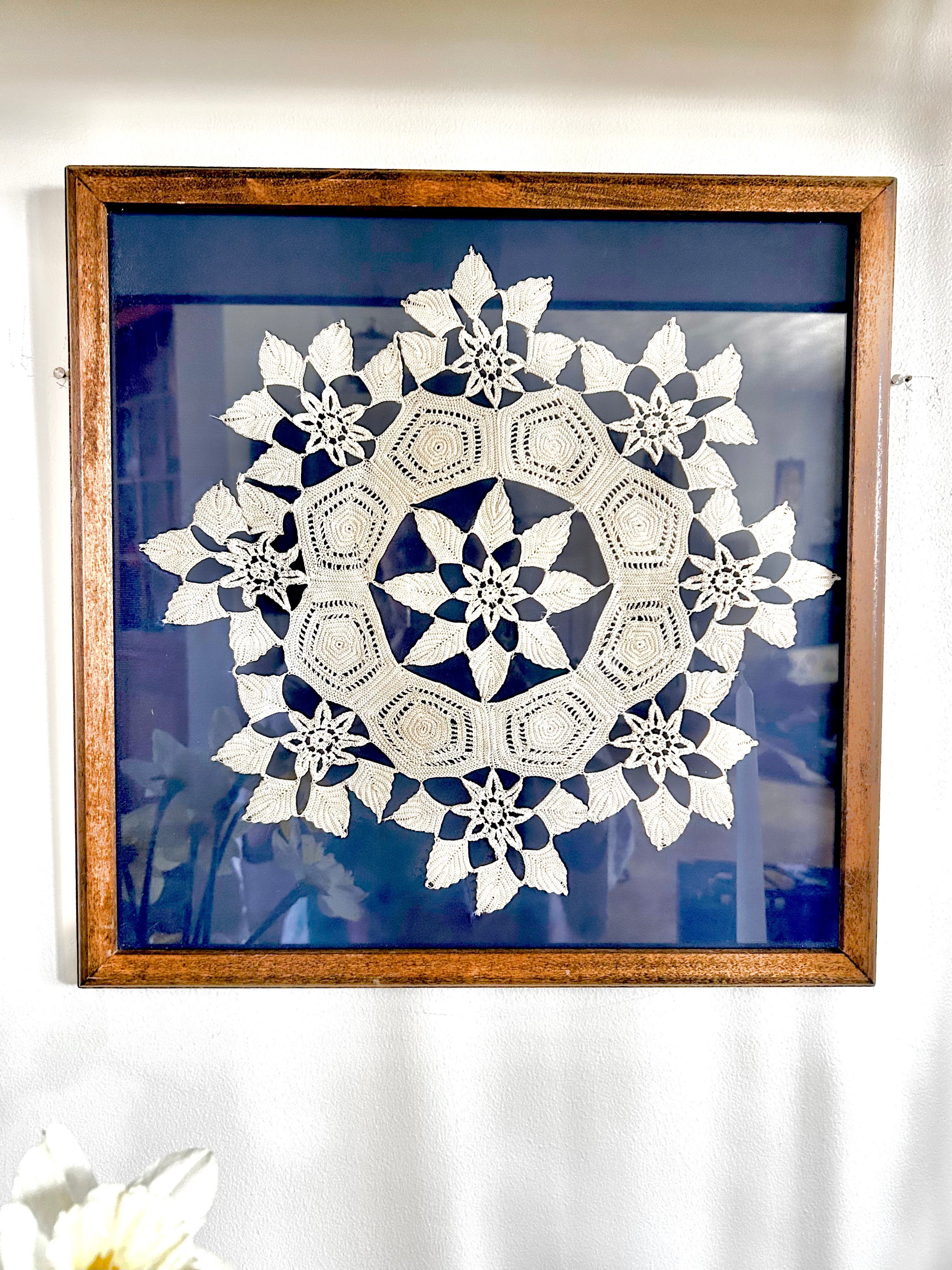 Vintage Framed Crochet and Blue Velvet Wall Decor