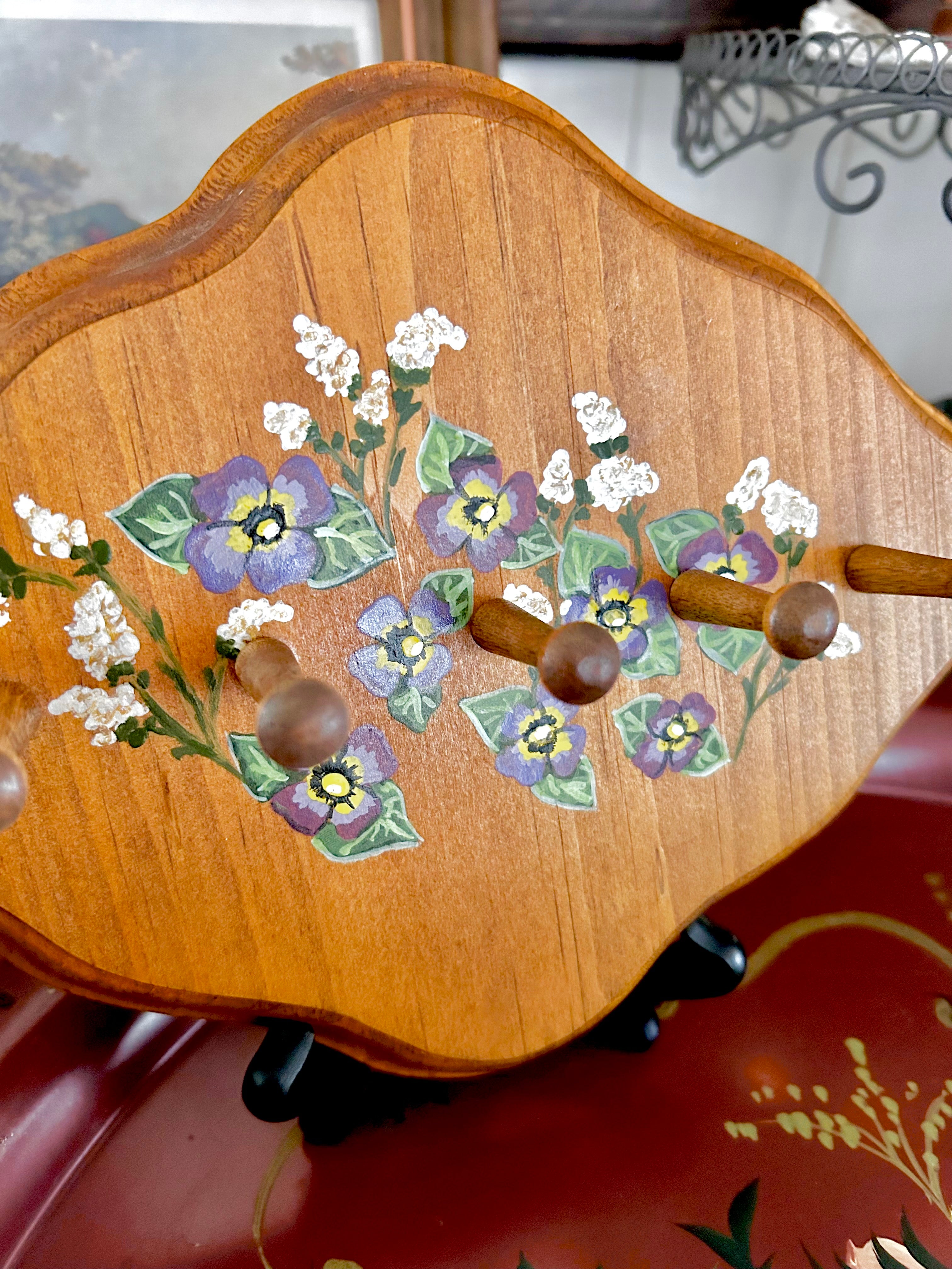 Small Vintage Wooden Wall Hanger with Handpainted Flowers