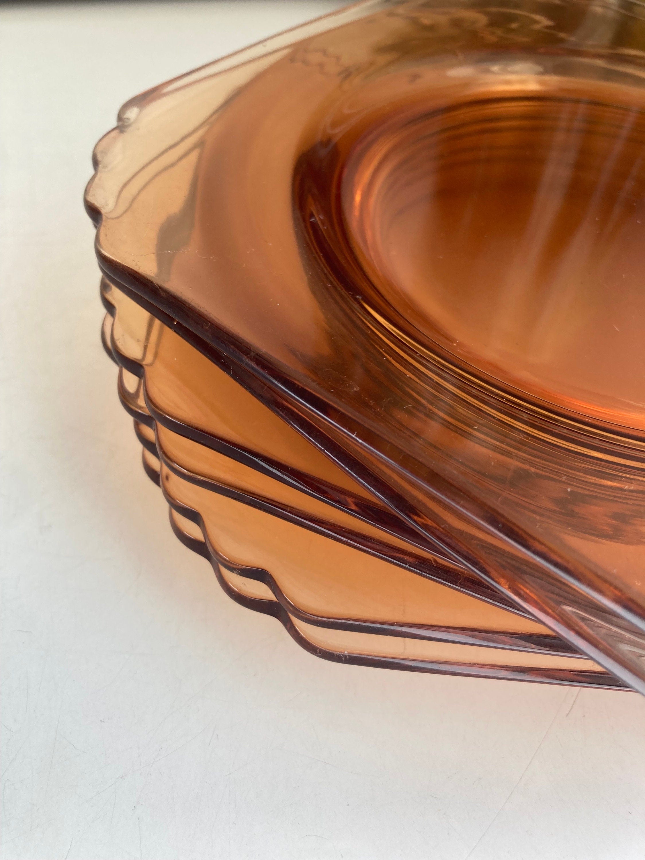 Vintage Fostoria Mayfair Honey Amber Glass Plate Set: Luncheon Plates & Relish Dish