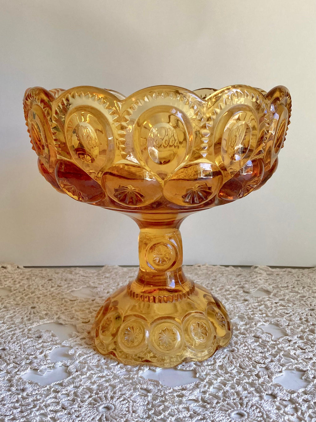 Vintage LE Smith Moon and Stars Amber Glass Pedestal Stem Compote