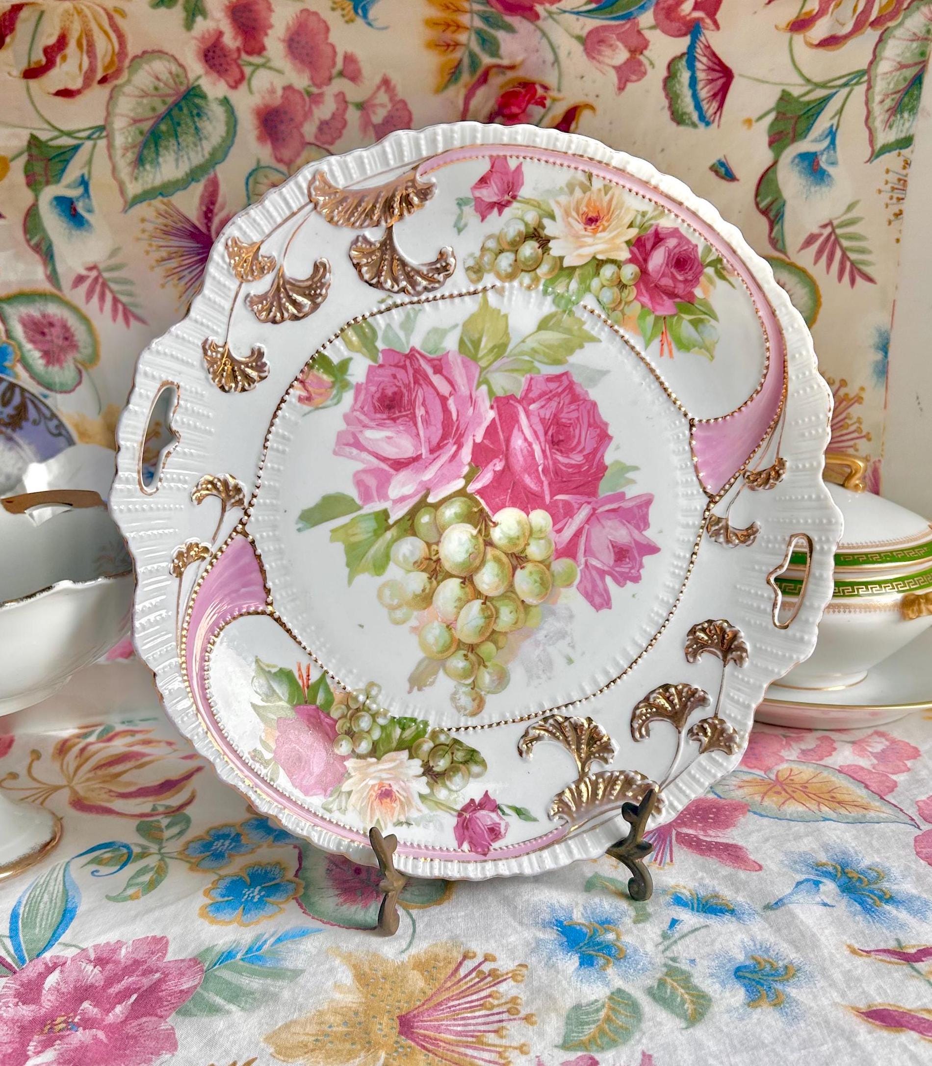 Vintage Porcelain Platter: Gold Foliage, Roses & Grapes, Beaded Handles