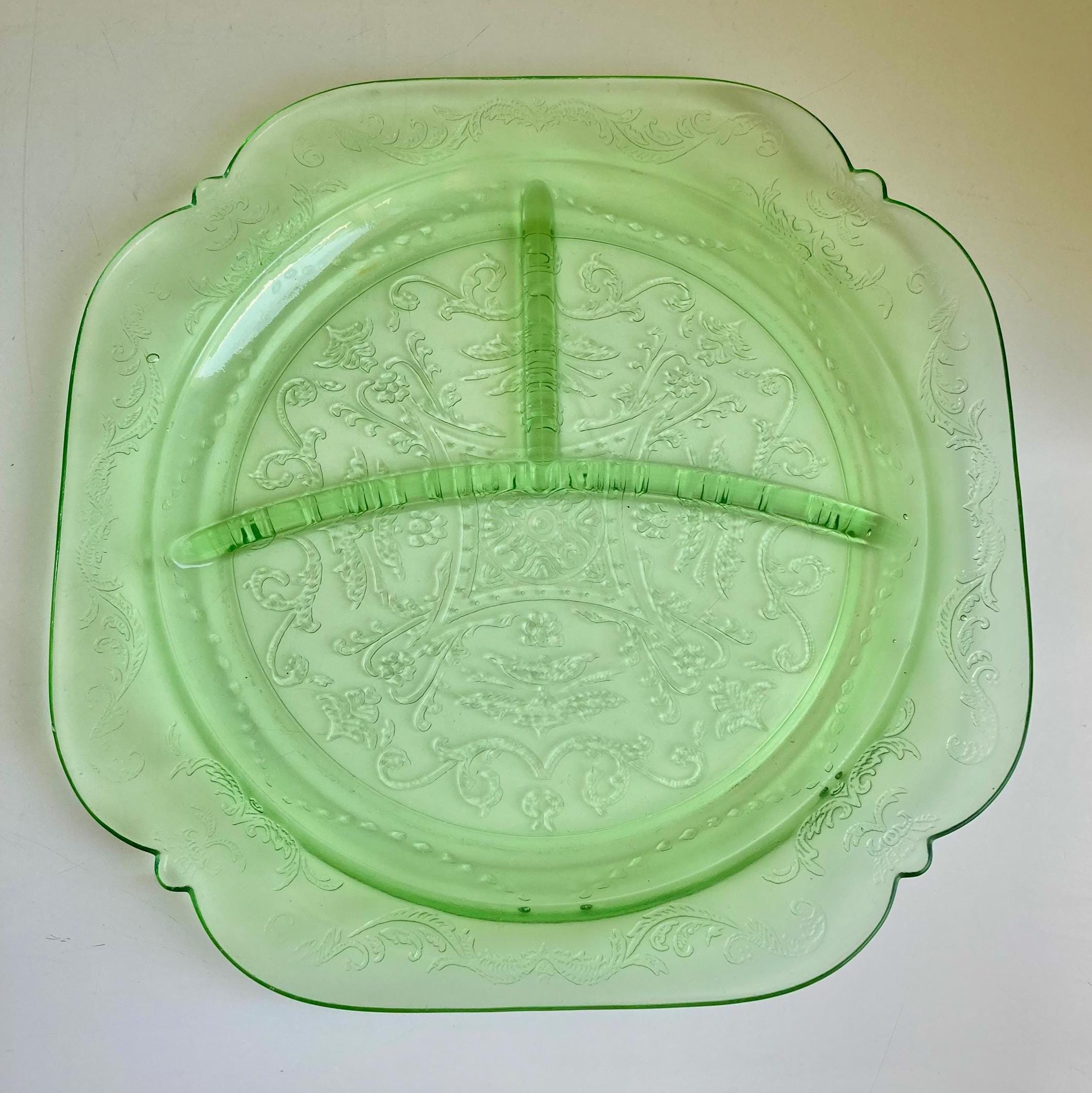 Vintage Uranium Green Glass Divided Plate: Federal Madrid Pattern