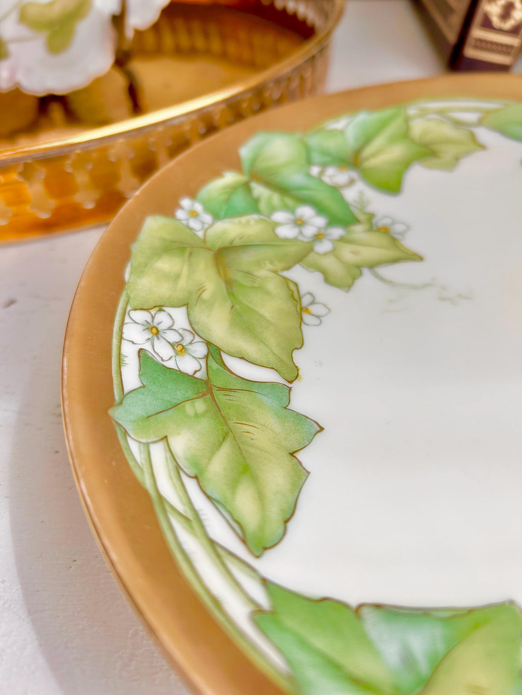 Vintage P.T. Bavaria Porcelain Plate: Hand Painted Ivy & Gold Trim (8.5")