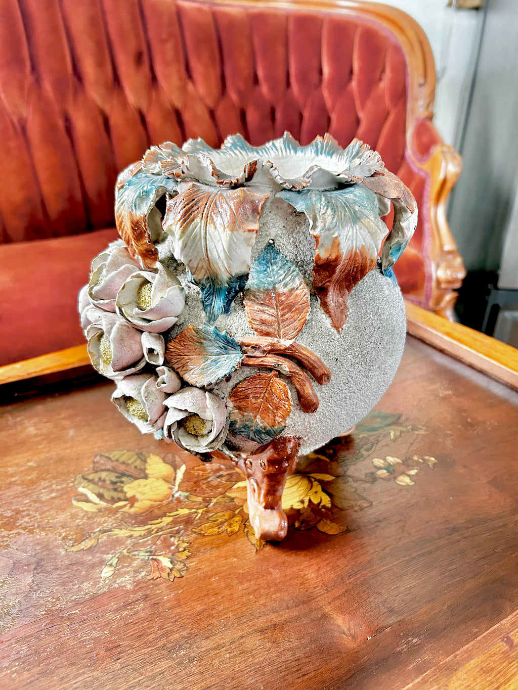 Antique English Barbotine Majolica Footed Vase